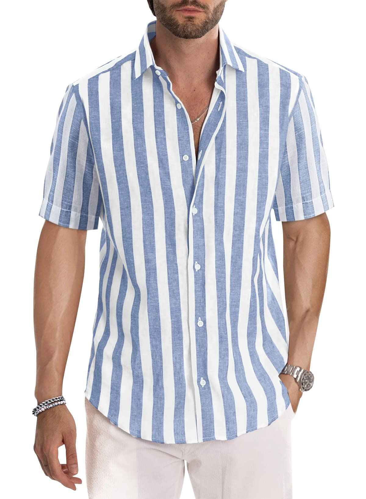 JMIERR Men's Casual Stylish Short Sleeve Button-Up Striped Dress Shirt Cotton Beach Shirts