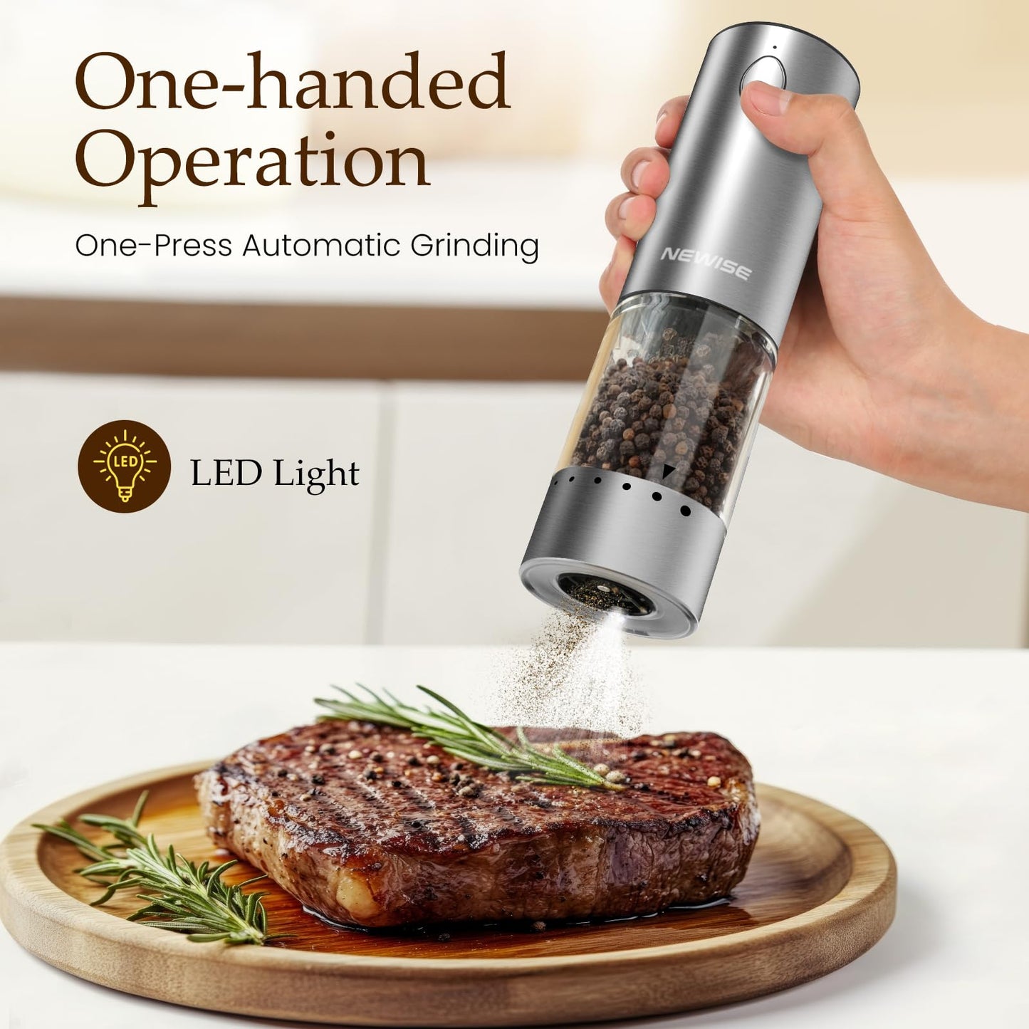 Newise Electric Salt and Pepper Grinder Set, Rechargeable Salt and Pepper Shakers with Wood Base, Adjustable Coarseness, Large Capacity, Stainless Steel