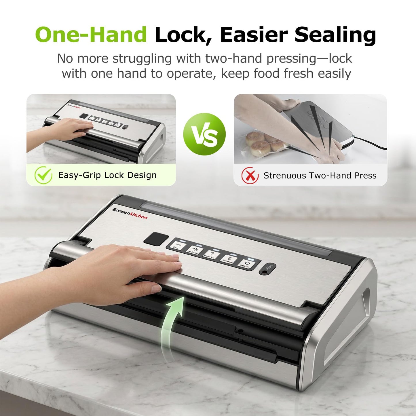 Bonsenkitchen Vacuum Sealer for Food, One-Hand Operation Food Vacuum Sealer Machine with 0.2-inch wider seal, Built-in Cutter and Bag Storage
