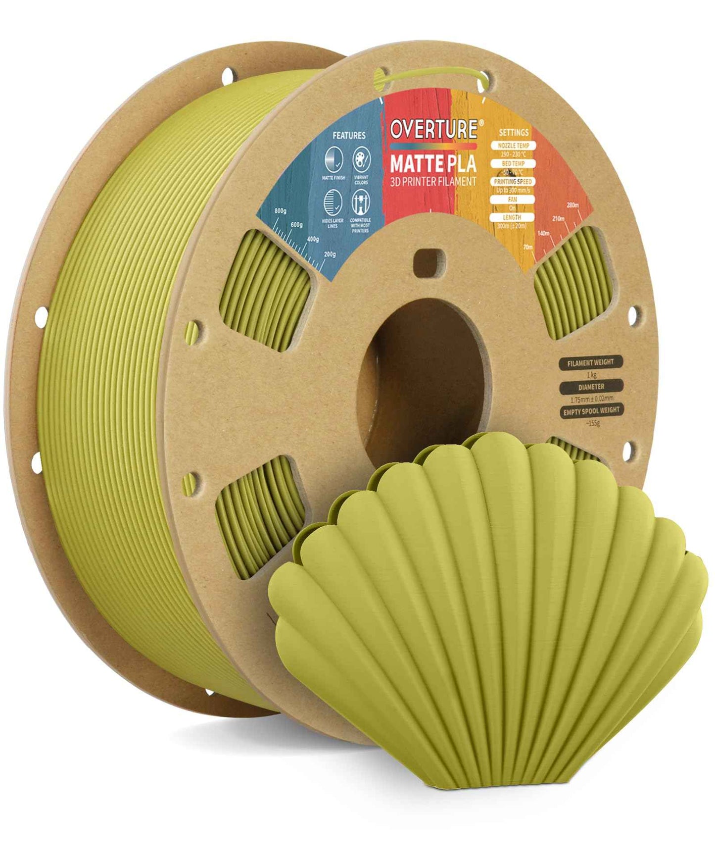 OVERTURE Matte PLA 3D Printer Filament 1.75mm, Matt Surface & Low Warping Filament 1kg Spool (2.2 lbs), Accuracy +/- 0.02 mm, Fit Most FDM Printers