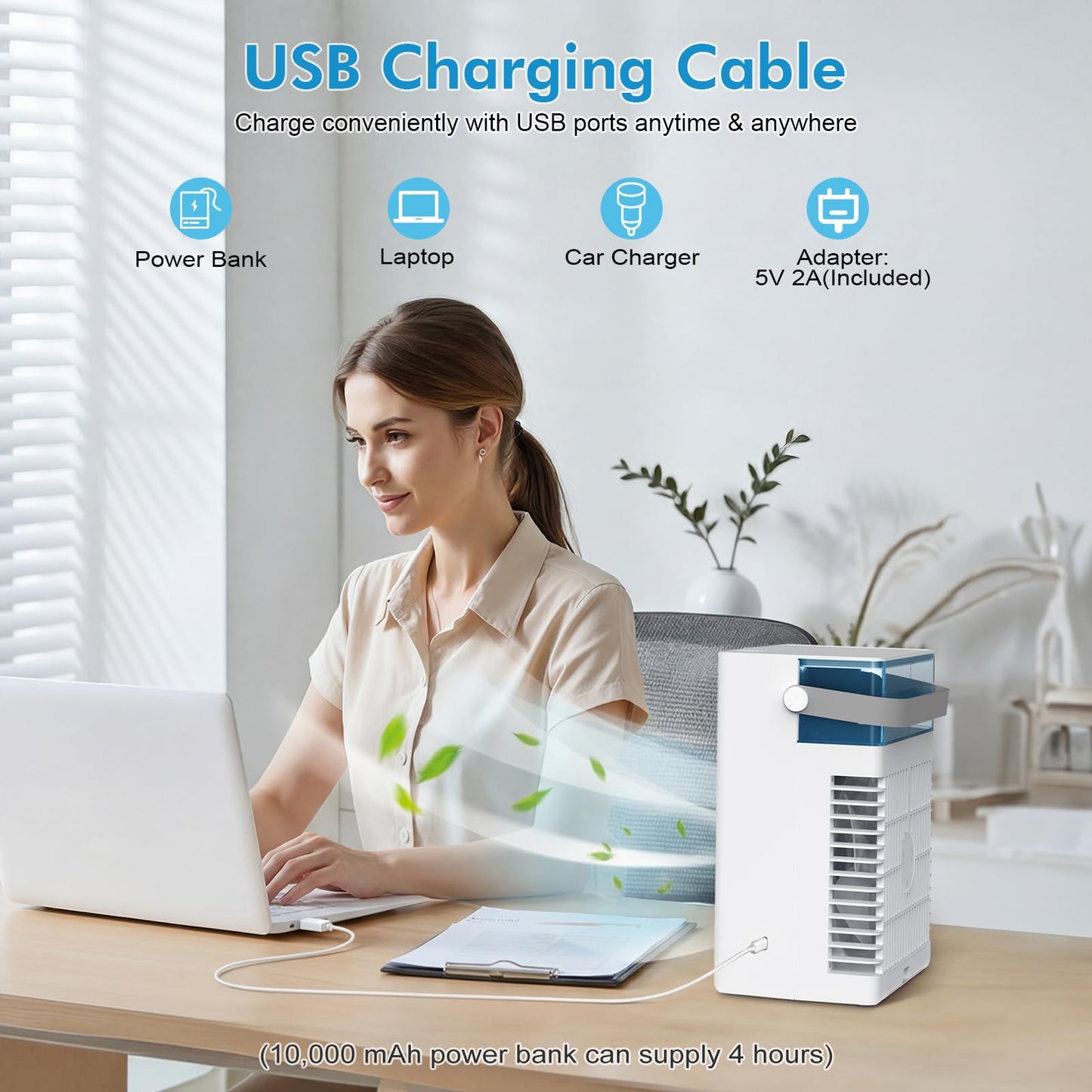 Portable Air Conditioners For Indoor Office Bedroom, USB Charging Small Cooling Fan (Include 5V 2A Adapter) 3-in-1 Portable AC Unit, Personal Mini Air Conditioner With 1000ml Water Tank, 2/4/6H Timer