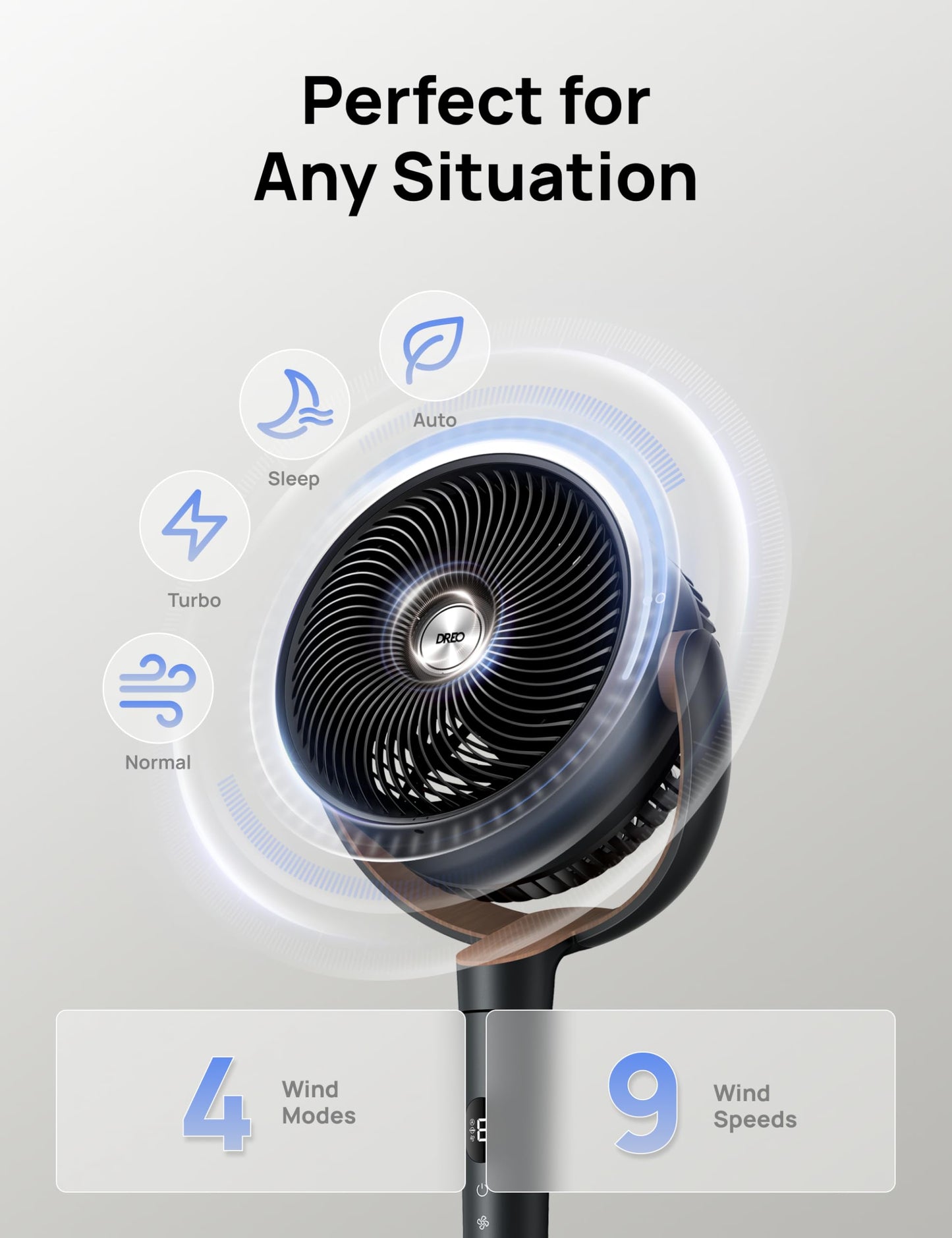 DREO Fan for Bedroom, 120° Oscillating Standing Fans, Quiet Floor Fan with DC Motor, 100ft Pedestal Fans for Room, 9 Speeds, 4 modes, 20dB, 120° Manual Vertical, 37-42" Adjustable Height, 9H Timer