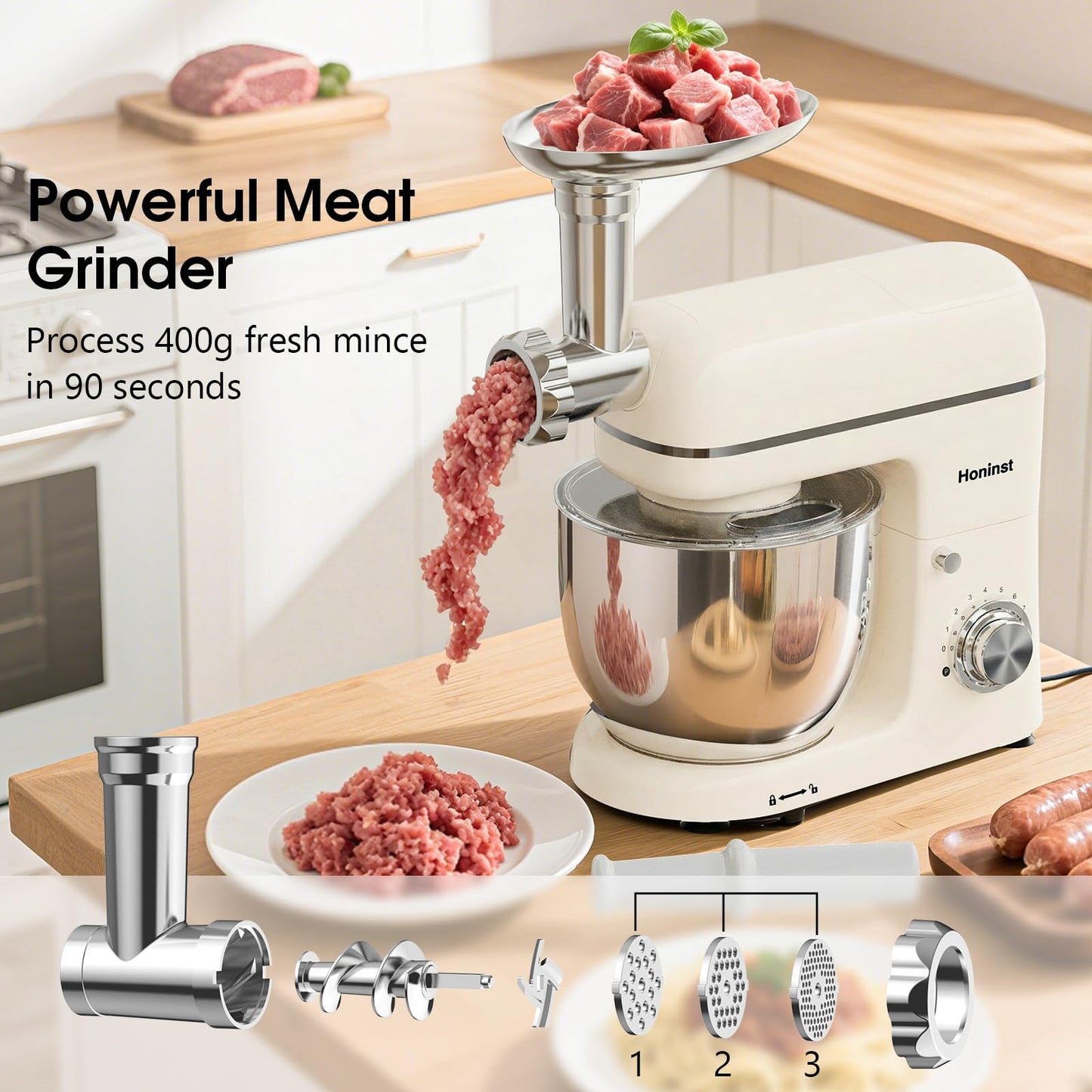 Honinst 7-IN-1 Multifunctional Stand Mixer, 6.5 QT 8-Speed Tilt-Head Kitchen Mixer, Electric Food Mixer with Meat Grinder, Juice Blender, Dough Hook, Beater, Whisk, Bowl for Most Home Cooks