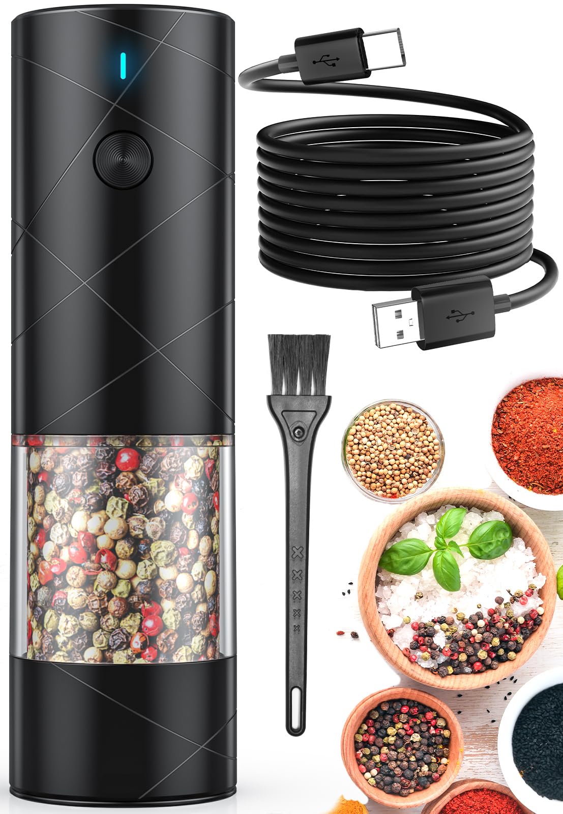 Electric Salt and Pepper Shakers Set Rechargeable with LED Light, Adjustable Coarseness Lidaop Large Capacity Automatic Salt Pepper Mill Grinder for Kitchen, Restaurant, Outdoor