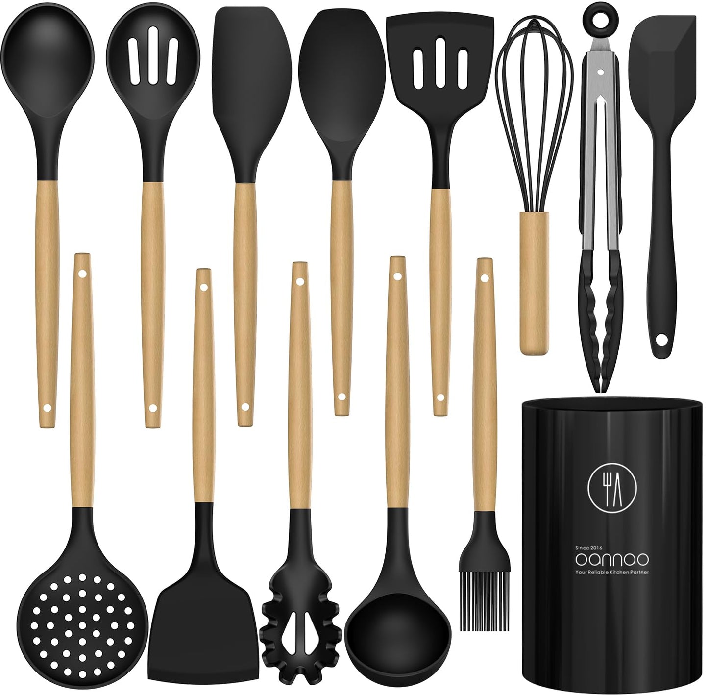 14 Pcs Silicone Cooking Utensils Kitchen Utensil Set - 446°F Heat Resistant,Turner Tongs, Spatula, Spoon, Brush, Whisk, Wooden Handle Gray Kitchen Gadgets with Holder for Nonstick Cookware (BPA Free)