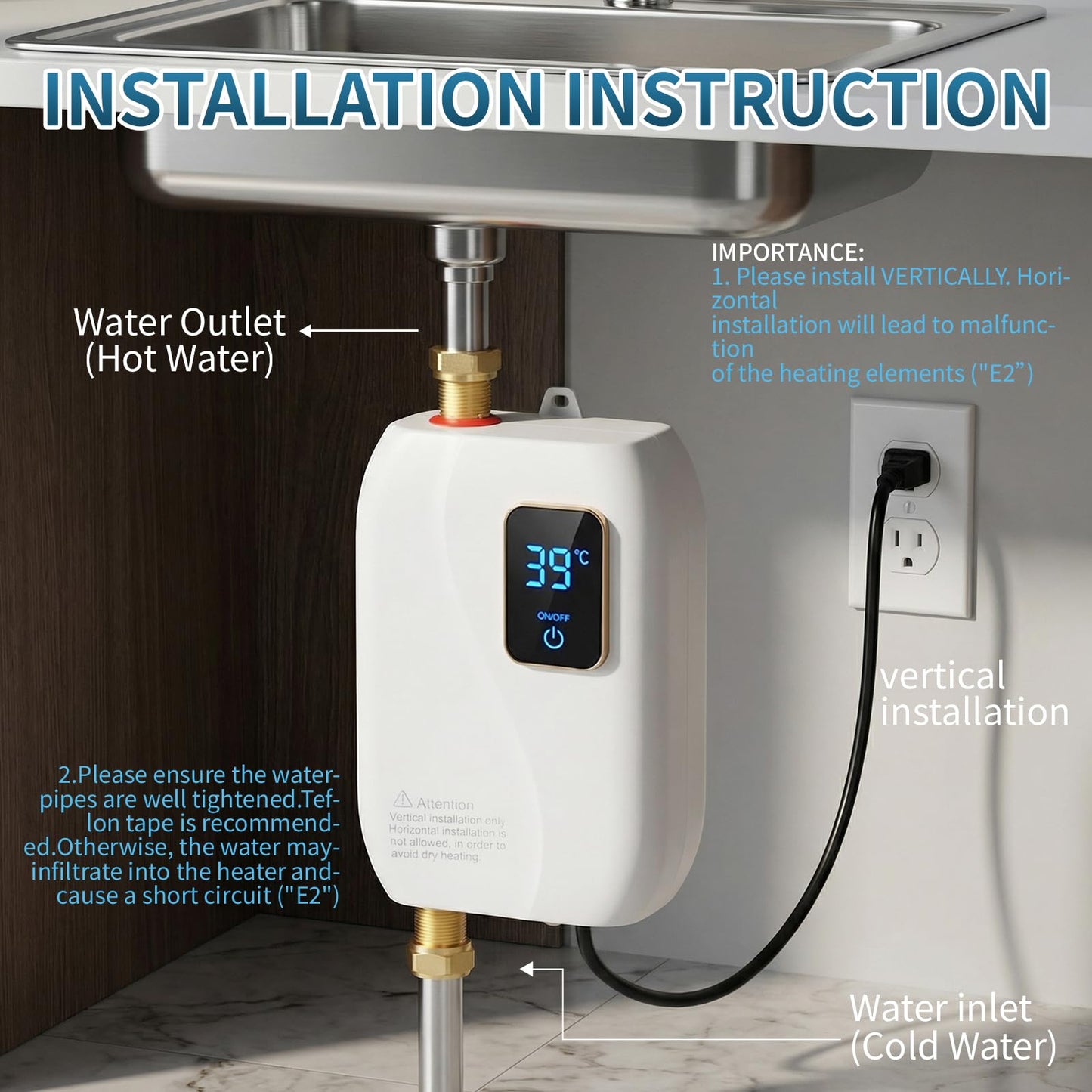 Tankless Water Heater Electric, 3000W Tankless Electric Water Heater 110V, On Demand Hot Water Heater Electric with Digital Display, Electric Tankless Hot Water Heater for Kitchen Bathroom Washin