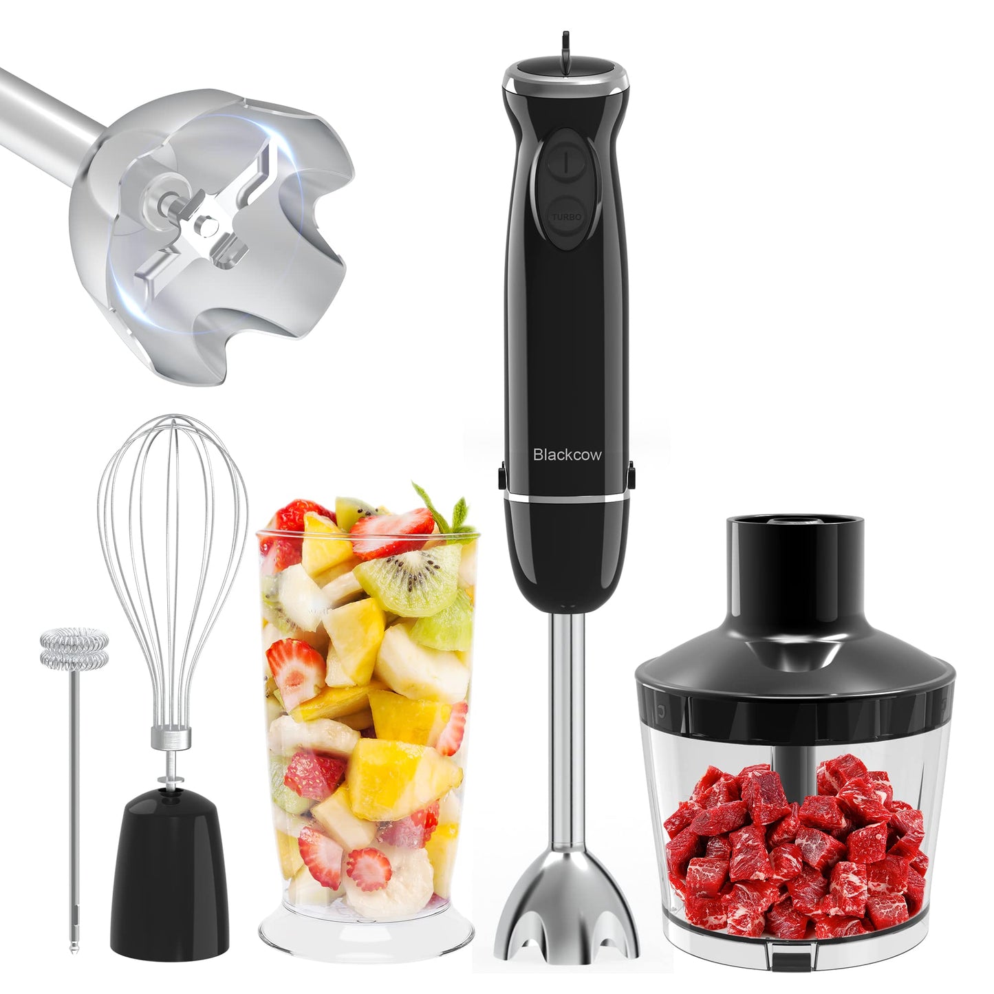 Blackcow Immersion Blender Handheld, Powerful Electric Hand Blender with Titanium Alloy Blades, Variety Speeds & Turbo, Electric Hand Mixer for Smoothies, Soups, Baby Food and Purees
