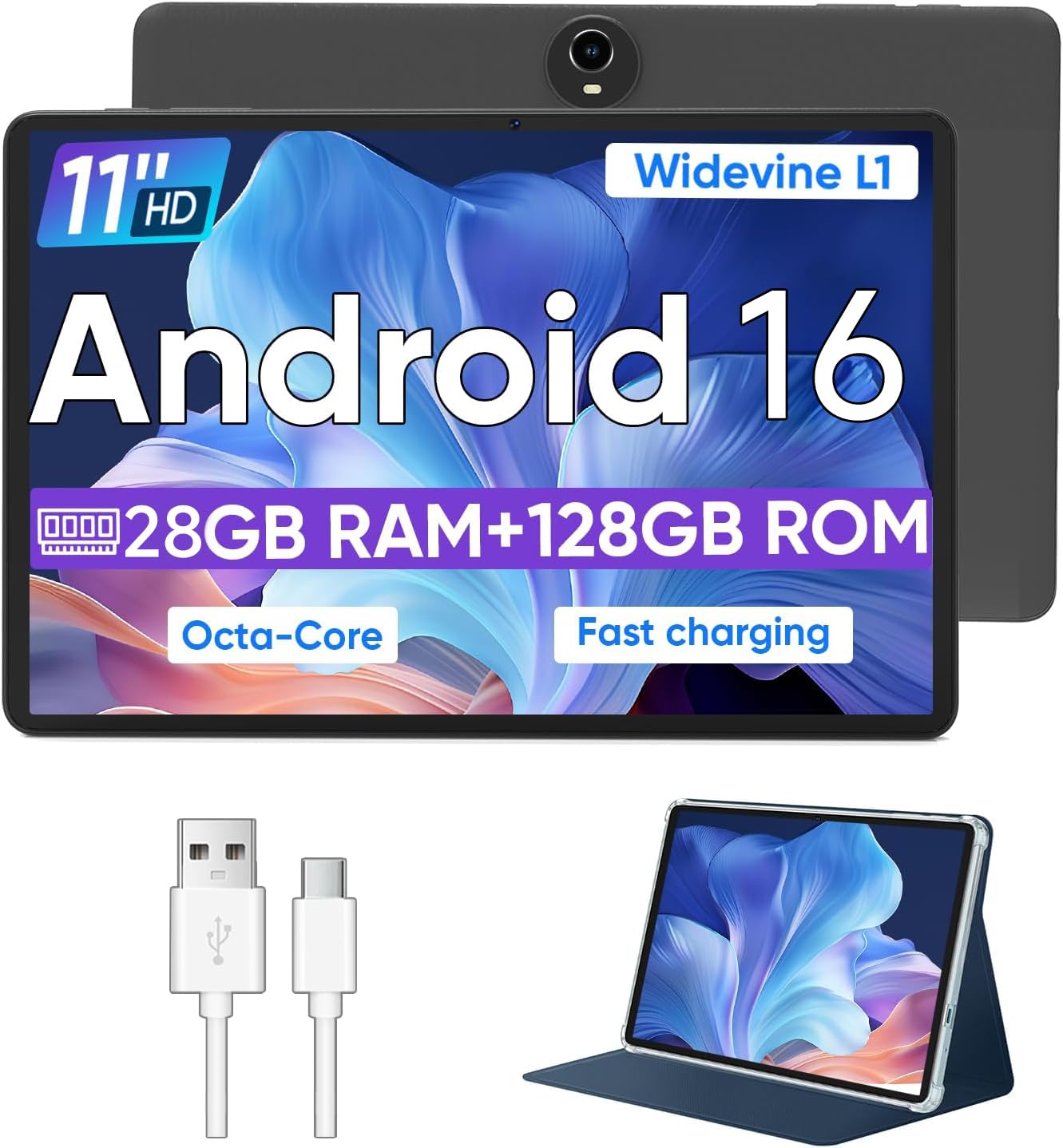 WXUNJA Android 16 Tablet,11 Inch Tablets with Octa Core Processor, 28GB RAM 128GB ROM 1TB Expand, Widevine L1, 8000mAh Battery, 2.4/5Ghz Dual WiFi/GPS/FM, 5/8MP Cameras, Case Included