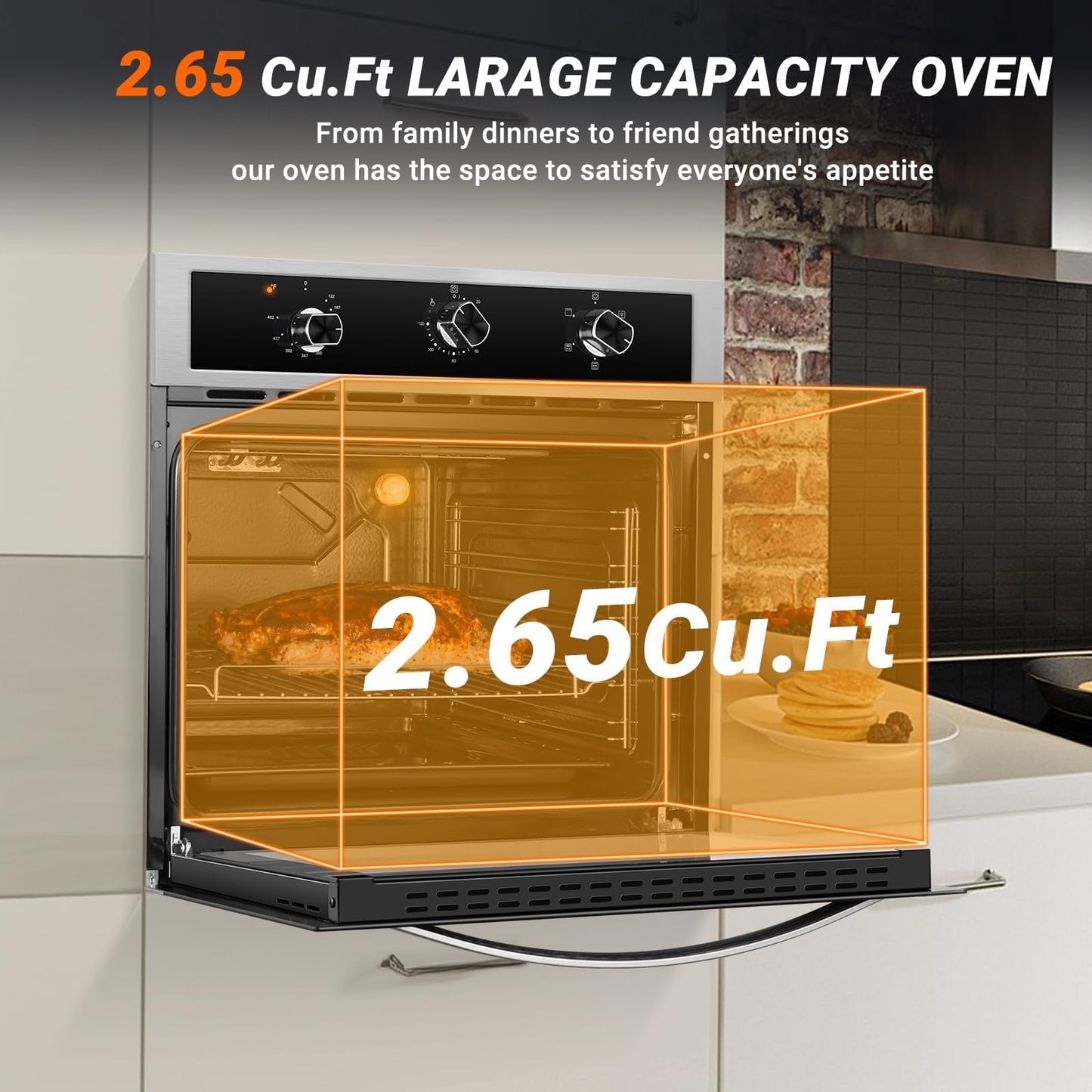 24" Single Wall Oven for Kitchen: 2200W Built-in Electric Wall Oven with Mechanical Knobs Control