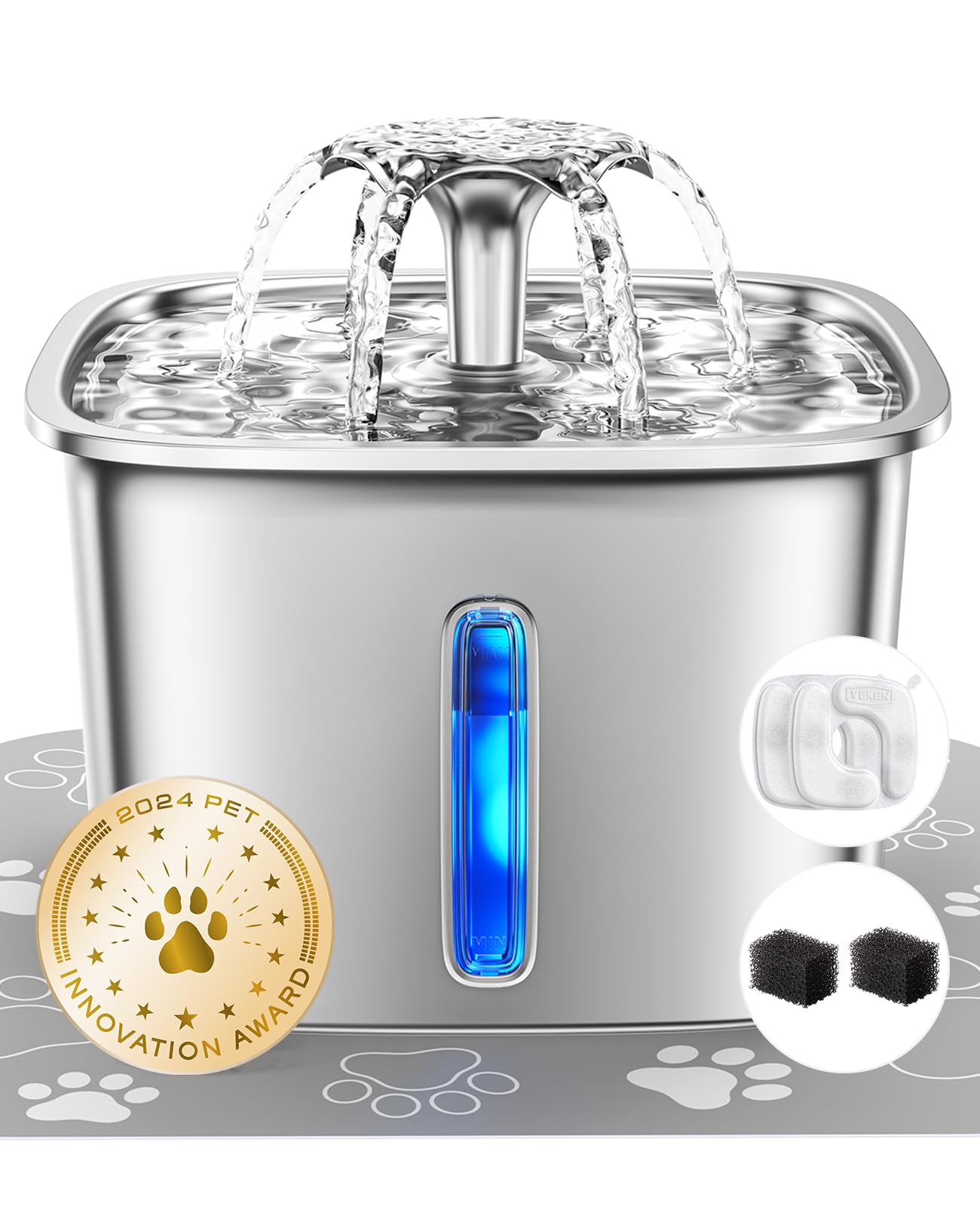 Veken Innovation Award Winner Stainless Steel Cat Water Fountain, Automatic Pet Fountain Dog Water Dispenser with Replacement Filters & Silicone Mat for Cats, Dogs, Multiple Pets