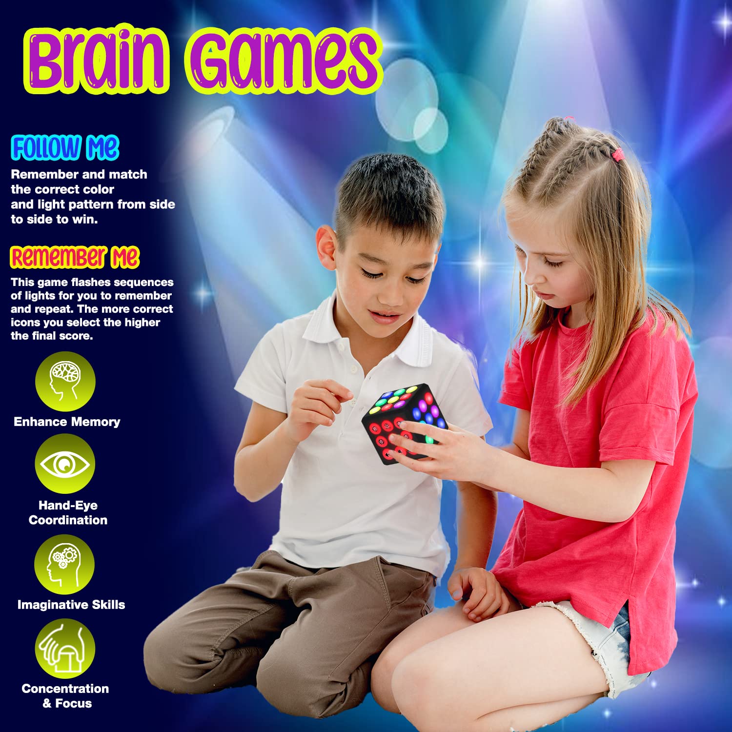 PlayRoute Light Up Cube Brain and Memory Game - Gift Toy for Kids Boys & Girls Ages 6-12 Years and Up