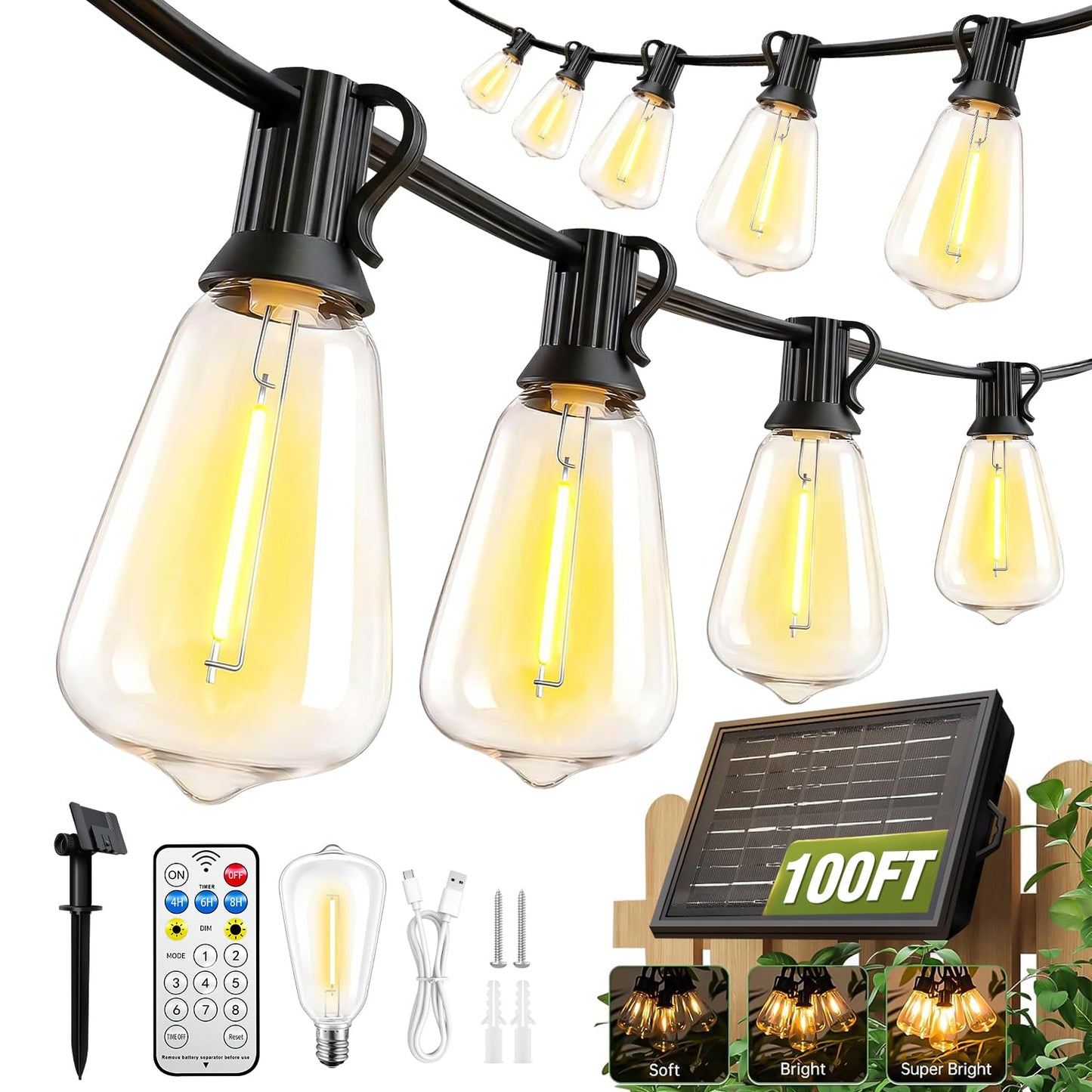 Skoiuc Solar String Lights Outdoor Waterproof with Remote & Timer, LED Shatterproof ST38 Bulbs, USB & Solar Powered Patio Lights for Backyard, Porch, Garden, Wedding, Christmas Decor