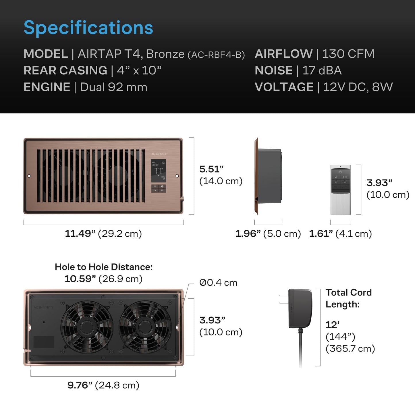 Ac Infinity Airtap T4 Aluminum,Bronze Air Booster Fan 12 V electronic component fan