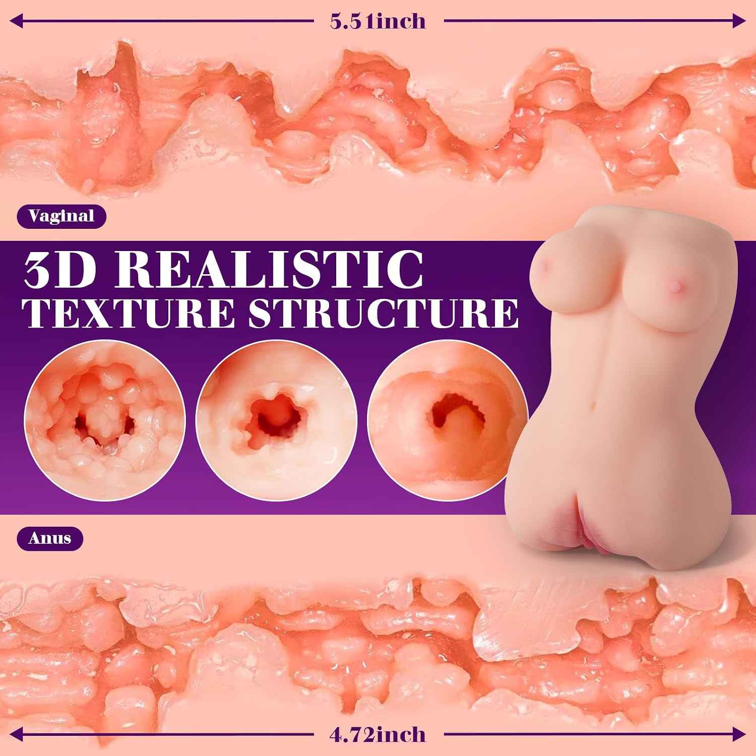 Portable Realistic Pocket Pussy, Mini Sex Doll Sex Toys for Men Male Masturbator TPE Female Torso with Boobs Vagina Textured Tight Anus Male Stroker for Adult (White) (White)