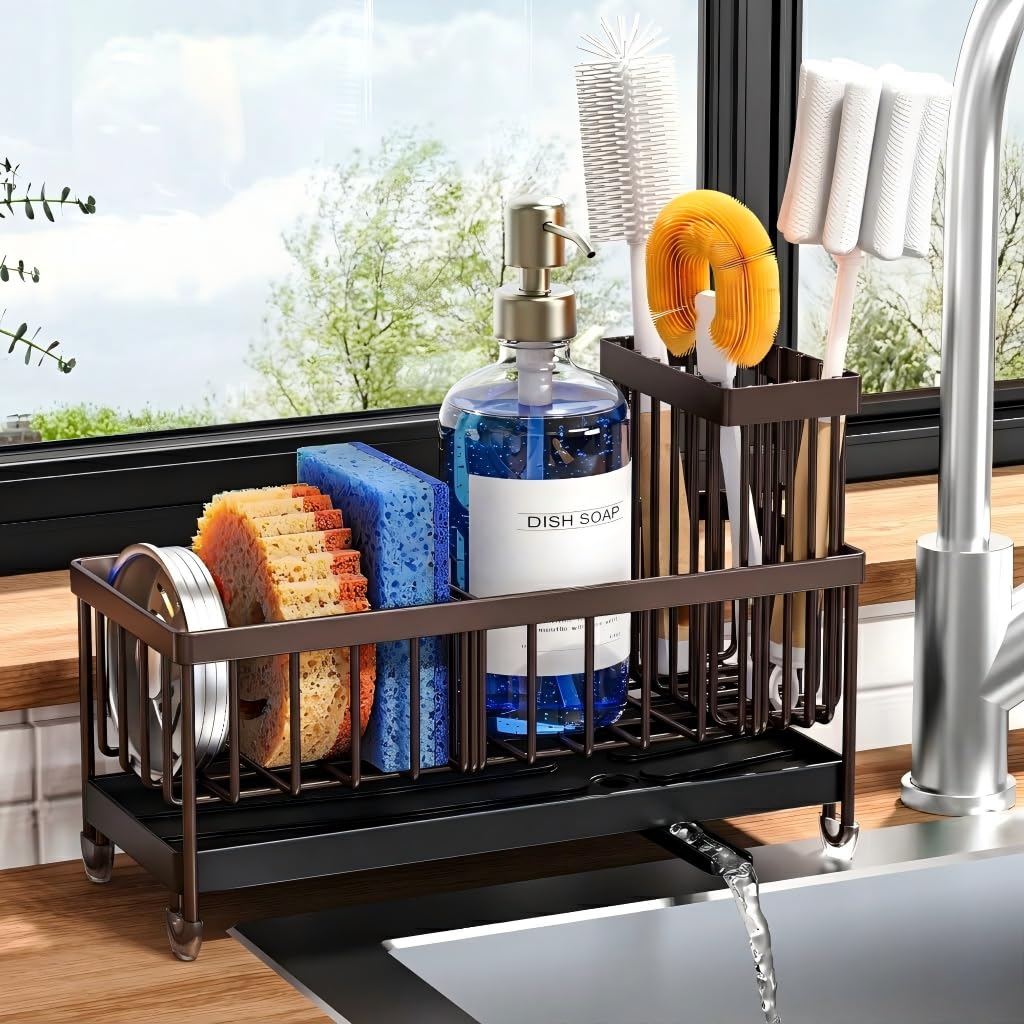 Cisily Sponge Holder for Kitchen Sink, Sink Caddy Organizer with High Brush Holder, Kitchen Countertop Organizers and Storage Essentials, Rustproof 304 Stainless Steel