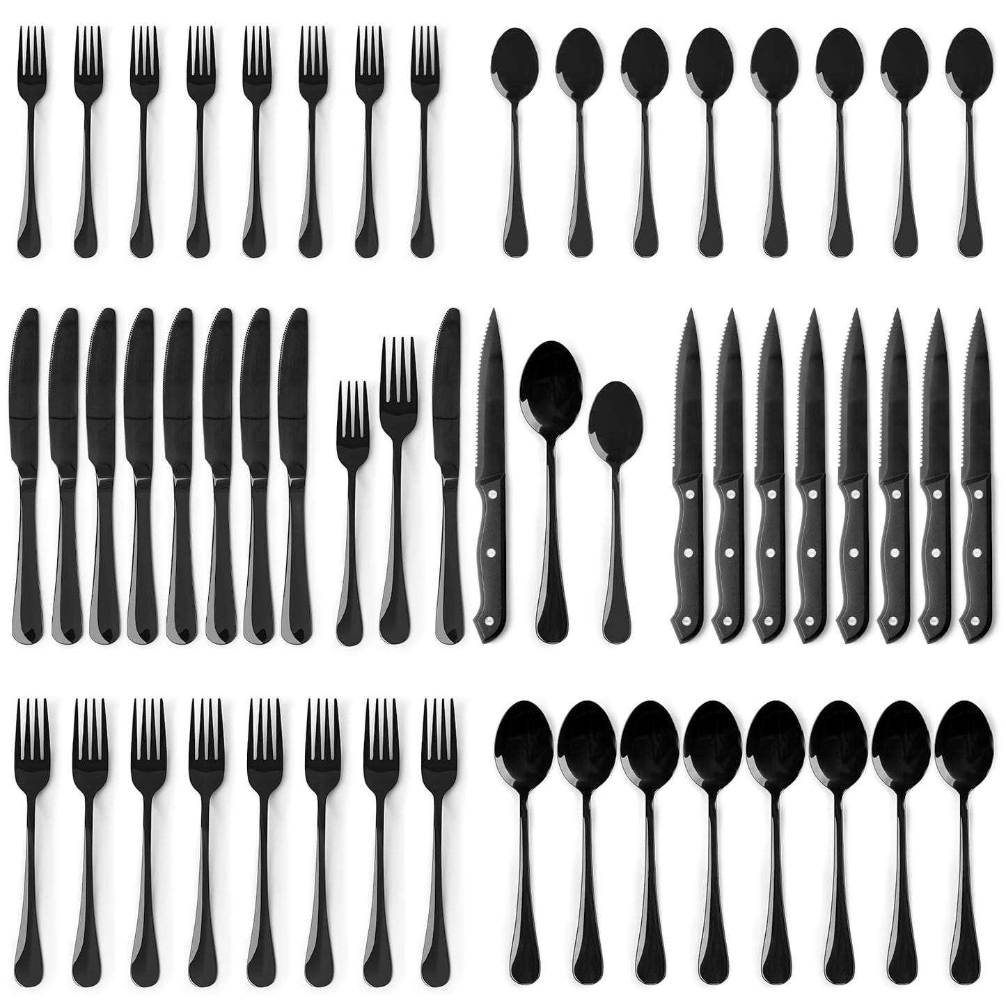 Astercook Black Silverware Set with Steak Knives Flatware Set Food-Grade Stainless Steel Cutlery Set Mirror Polished Utensils Set Include Spoons and Forks for Home Kitchen Restaurant