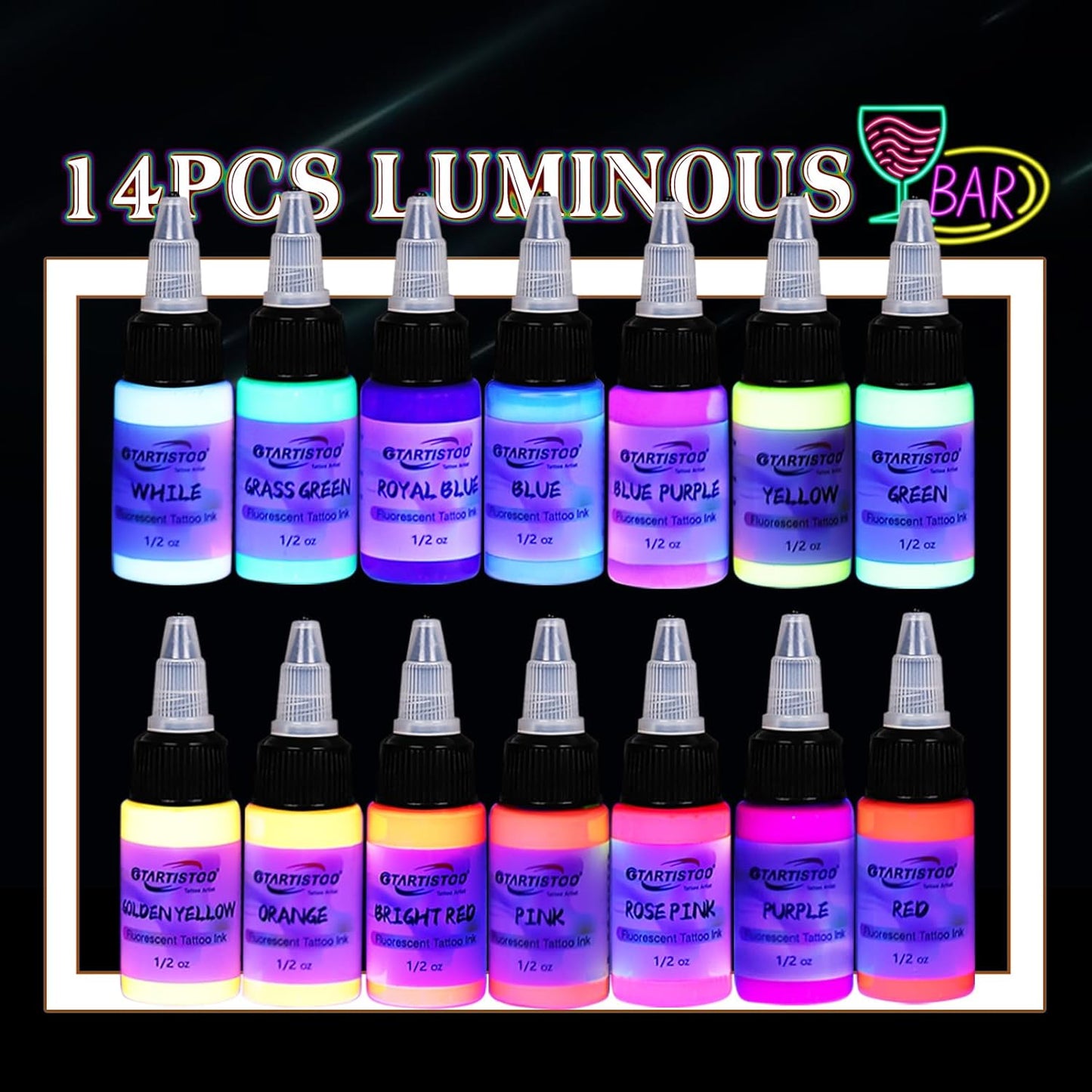 GTARTISTOO Professional Tattoo Ink Set 14 Colors 15ml Fluorescent