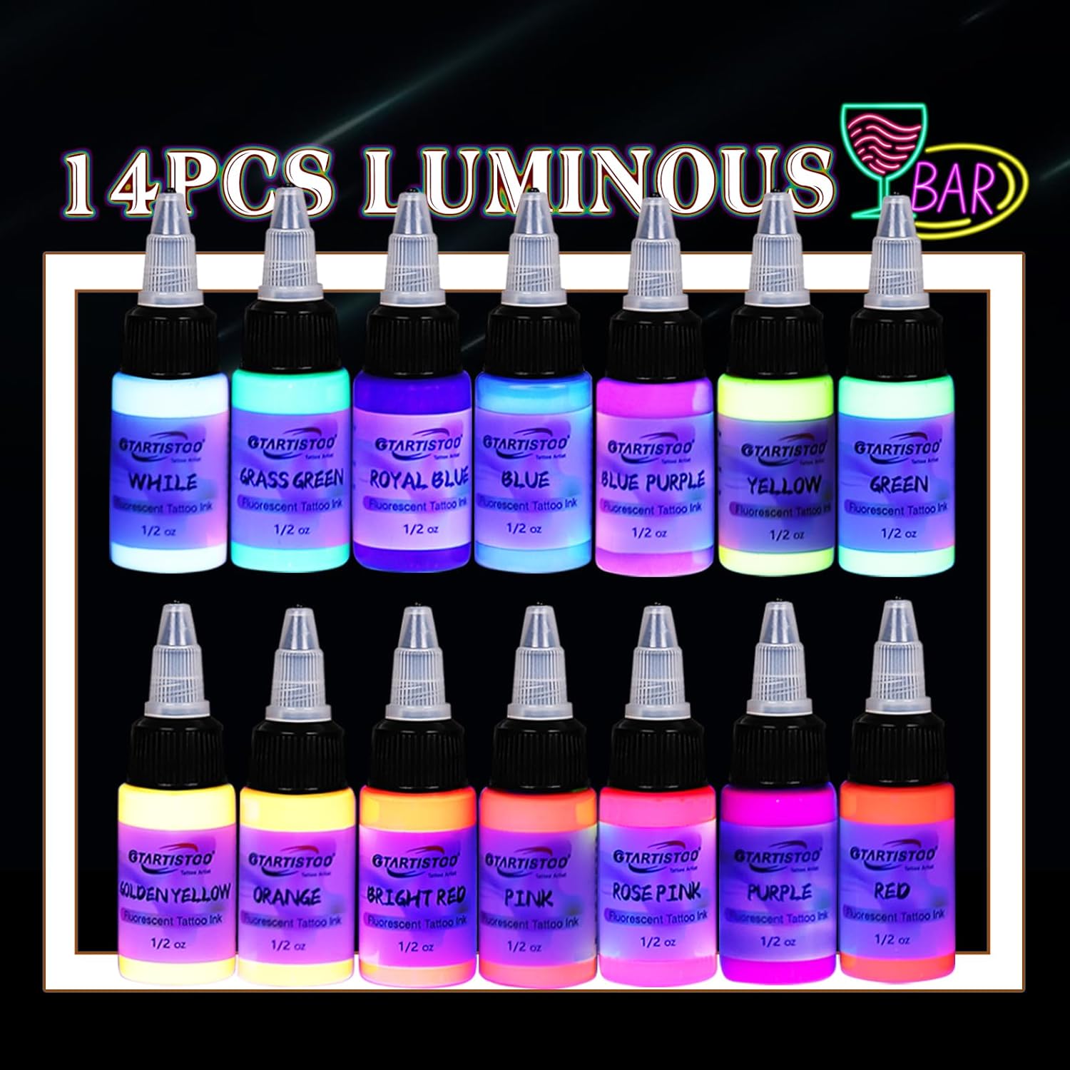 GTARTISTOO Professional Tattoo Ink Set 14 Colors 15ml Fluorescent