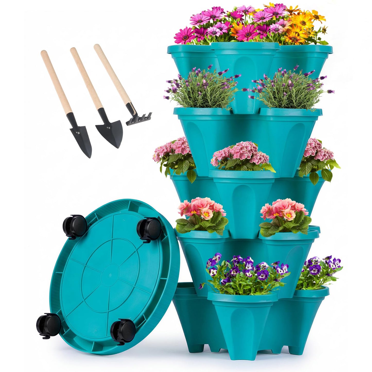 GameXcel Vertical Planter Tower - Multi-Tier Stackable Garden Planters with Wheels and Tools Plant Pots for Strawberry Herb Flower and Vegetable Indoor Outdoor Use Multicolor
