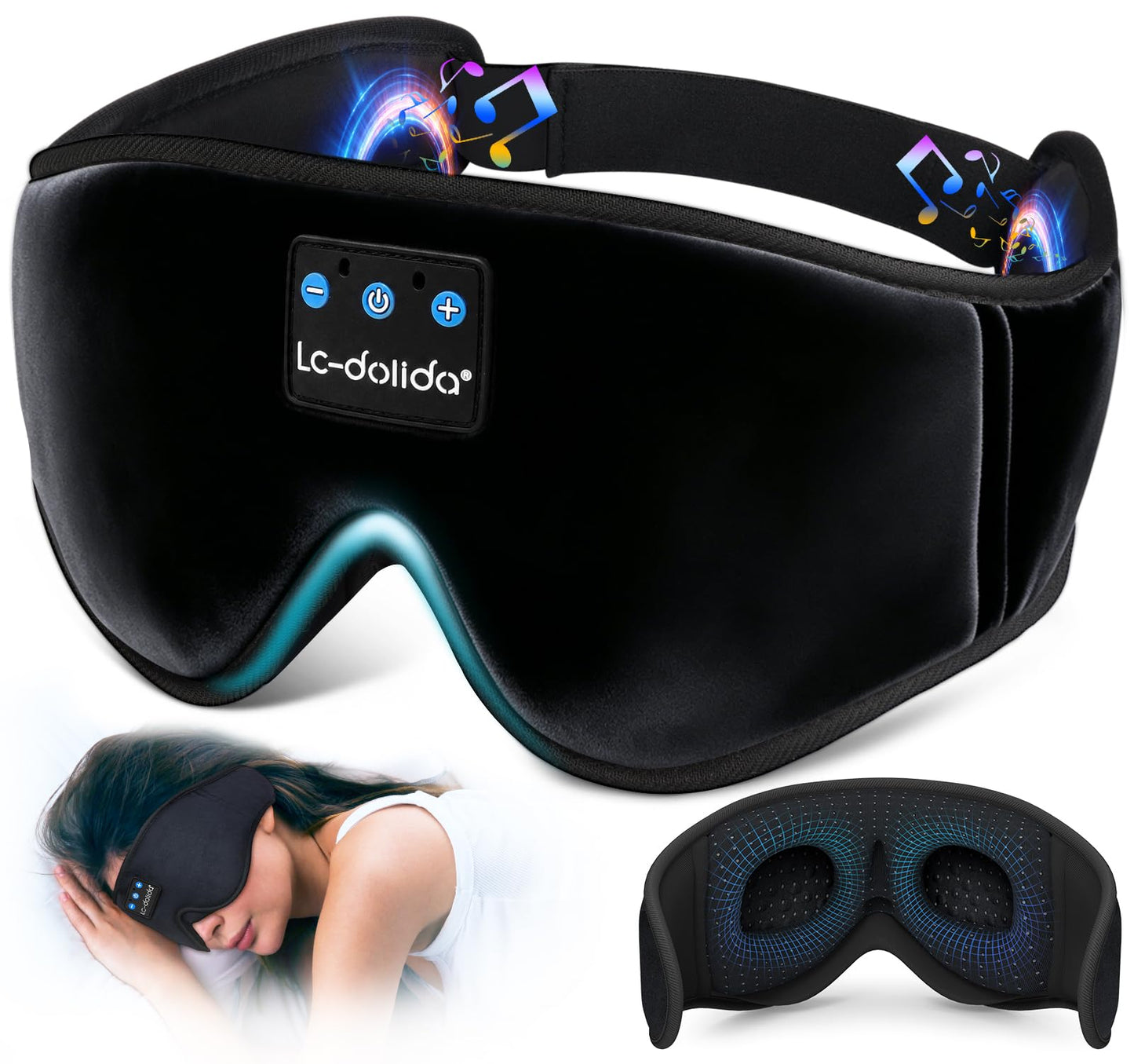 LC-dolida Sleep Headphones, 3D Sleep Mask Bluetooth Wireless Music Eye Mask, Sleeping Headphones for Side Sleepers