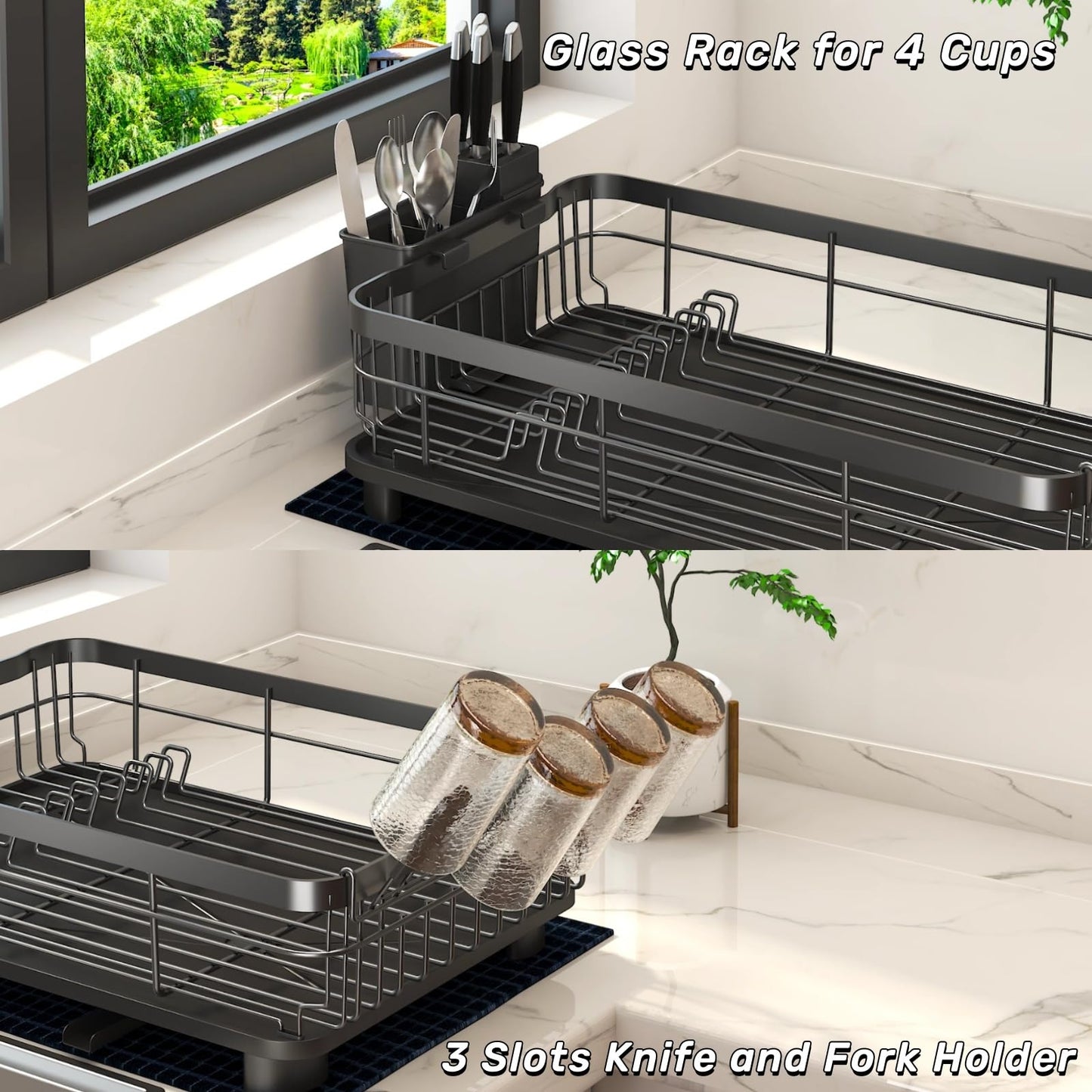 Godboat Dish Drying Rack, Dish Rack with Auto-Drain & Mat，2-Tier and 1-Tier, Black
