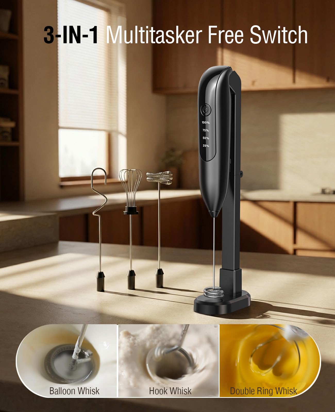 Yidianideals Electric Milk Frother Handheld: coffee frother rechargeable 3 in 1 - LED Display, Wireless Charging - 3 Speeds, Stainless Steel Whisk for Latte, Cappuccino - Onyx Black
