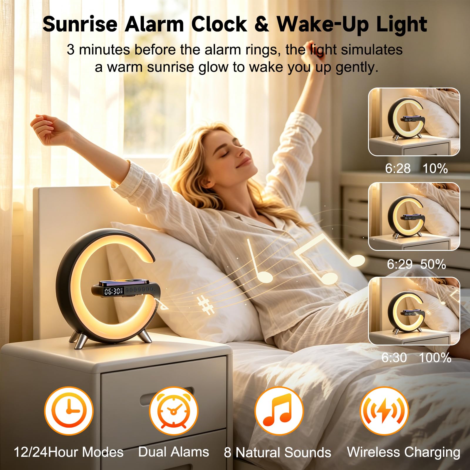 WEKEFON Smart LED Alarm Clock, Wireless Charger with Portable Small Speaker,Wireless Atmosphere Lamp,Multifunctional RGB Night Light & Charging Station,App Control