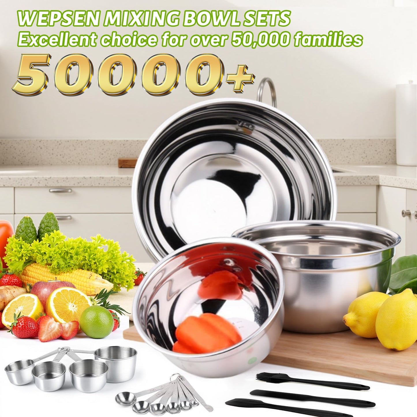 WEPSEN Electric Hand Mixer & Mixing Bowls with Airtight Lids, Handheld Mixers with Whisks Beater, Stainless Steel Metal Nesting Bowl Measuring Cups Spoons Kitchen Cake Blender for Prep Baking Supplies