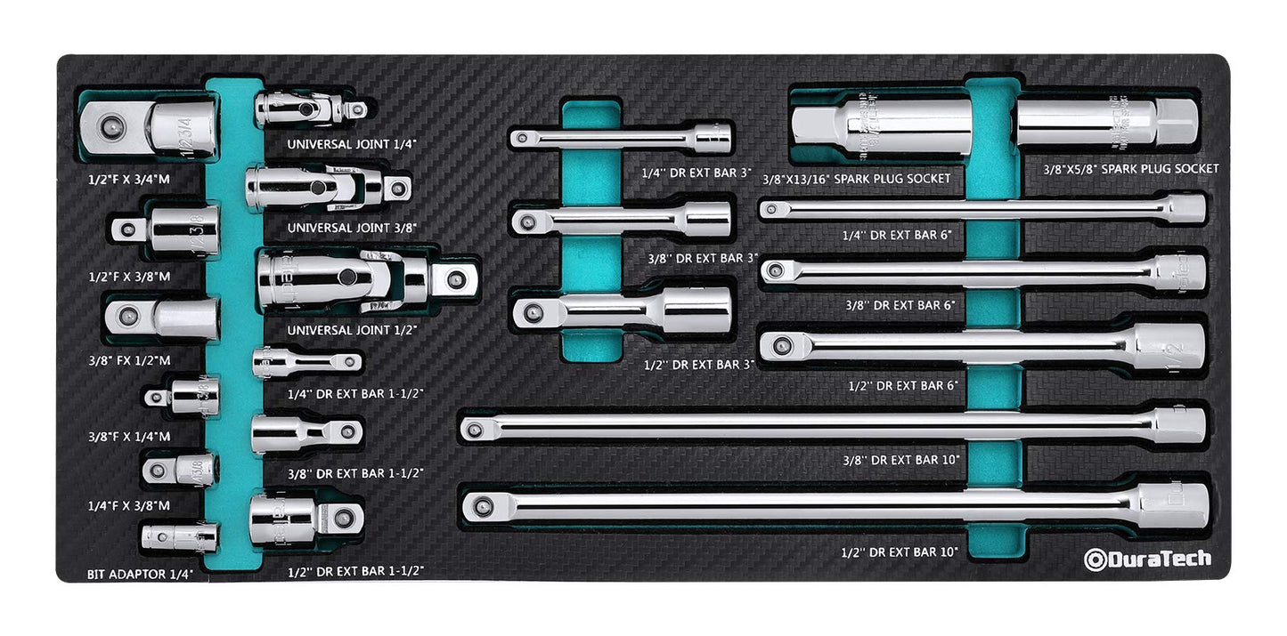 DURATECH Drive Tool Accessory Set, Including Extension Bars, Socket Adapters, Universal Joints, Spark Plug Sockets, Professional Socket Accessories, Cr-V Steel, EVA Foam Package