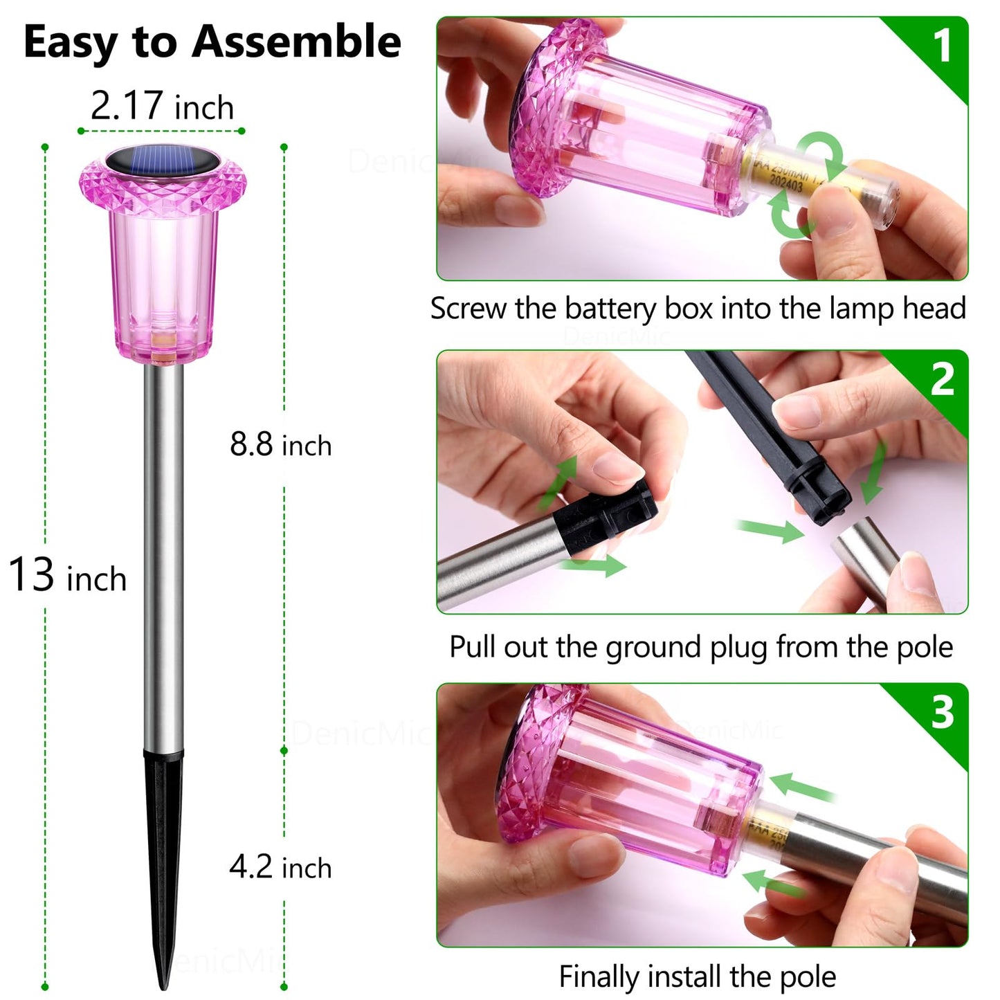 DenicMic Solar Lights Outdoor Pathway Lights LED Waterproof Acrylic Lamp Head Stainless Steel Stake for Yard Garden Landscape Path Walkway Driveway Patio Lawn