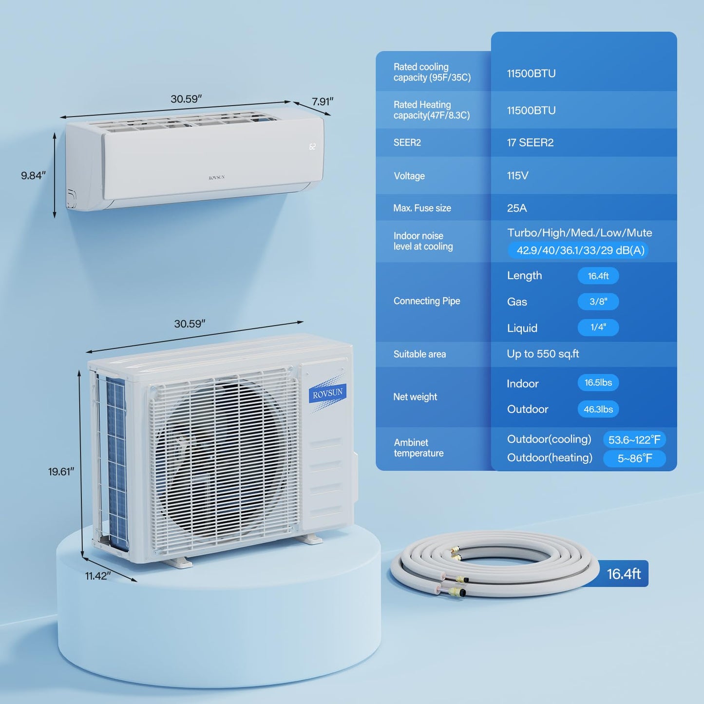 ROVSUN 11500 BTU-17000BTU Mini Split AC/Heating System with Inverter, 17 SEER2 Ductless Split-System Air Conditioner with Pre-Charged Condenser, Heat Pump & Installation Kit