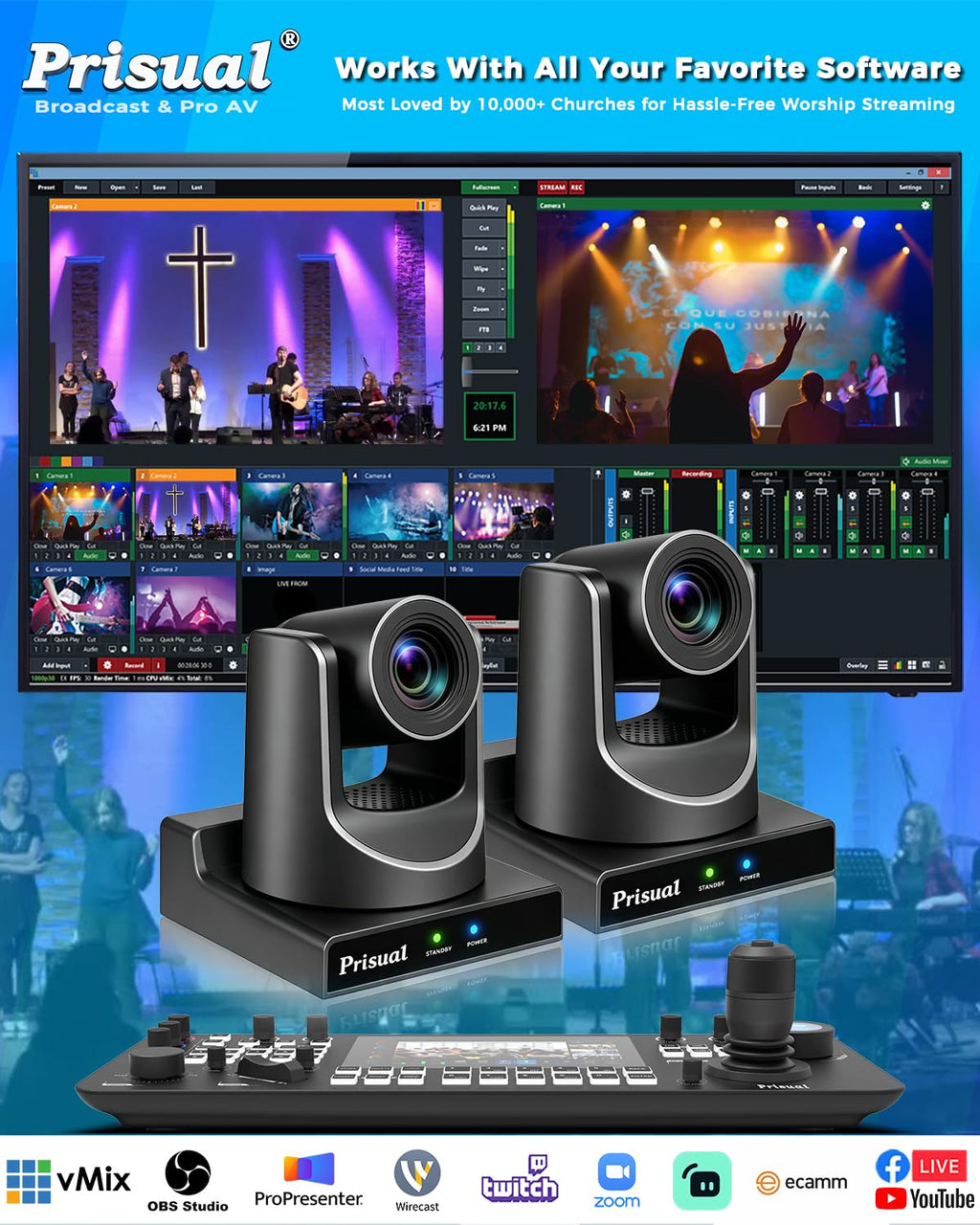 Prisual PTZ Camera 30X Optical Zoom NDI HX3 HDMI USB3.0 LAN PoE AI Tracking Church Camera