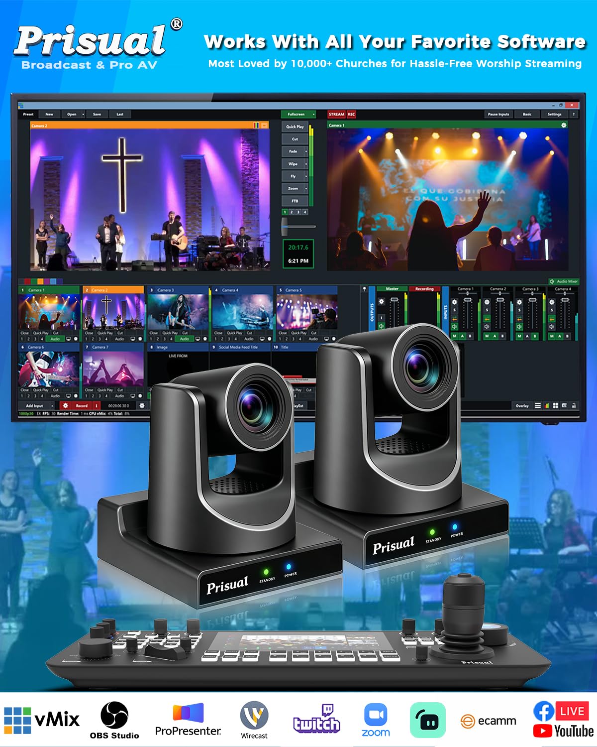Prisual PTZ Camera 30X Optical Zoom NDI HX3 HDMI USB3.0 LAN PoE AI Tracking Church Camera