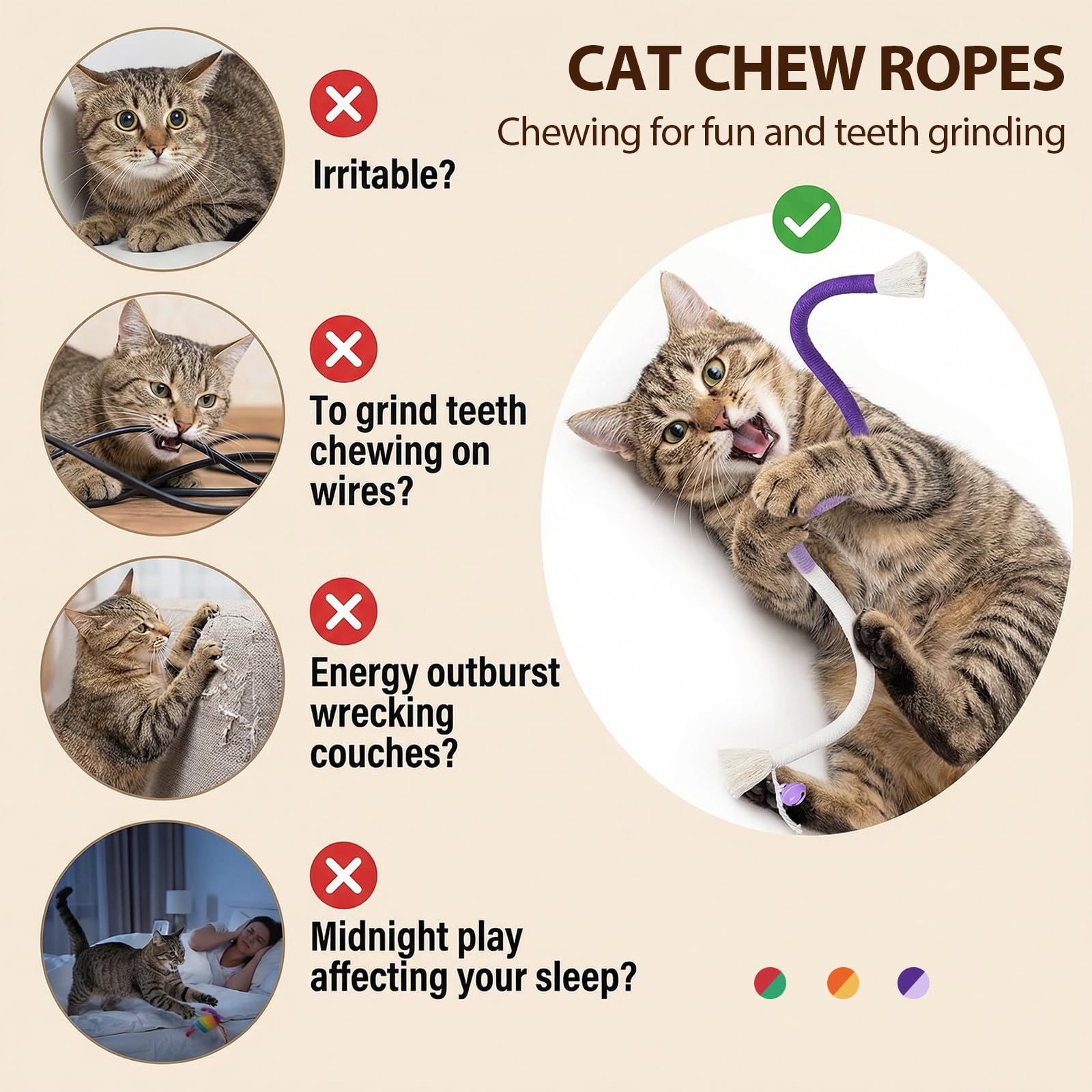 Shudyear 3 Pack Cat Chew Rope Toys with Bell for Indoor Cats, Cotton Cat Rope Toy for Biting and Kicking, Cat Biting Toys for Interactive Play and Teeth Cleaning