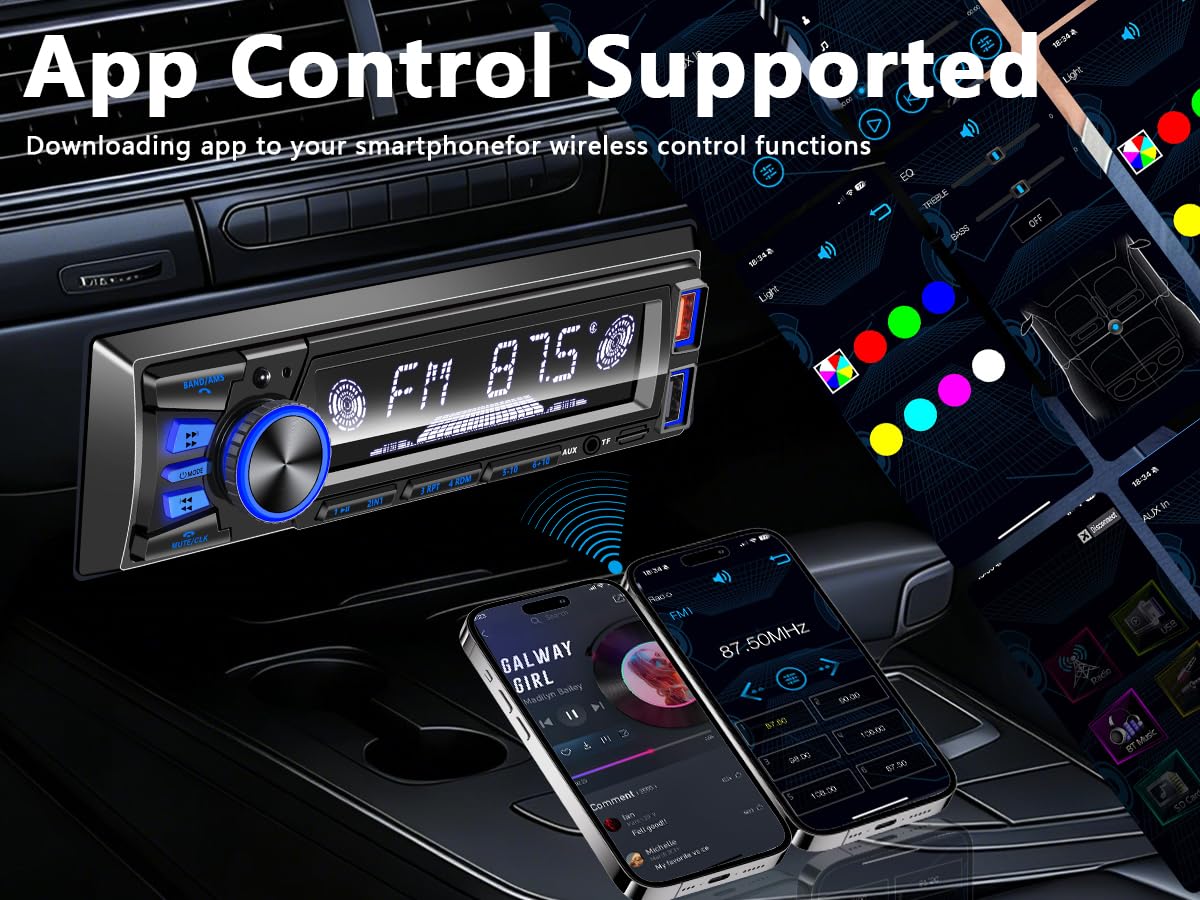 Car Radio Bluetooth Single DIN Car Stereo with Bluetooth,Car Audio with Push to Talk Button for Handsfree Calling,FM/ MP3/EQ/SD/AUX,Dual USB,iOS & Android App Control,7 LED Colors | No CD Player