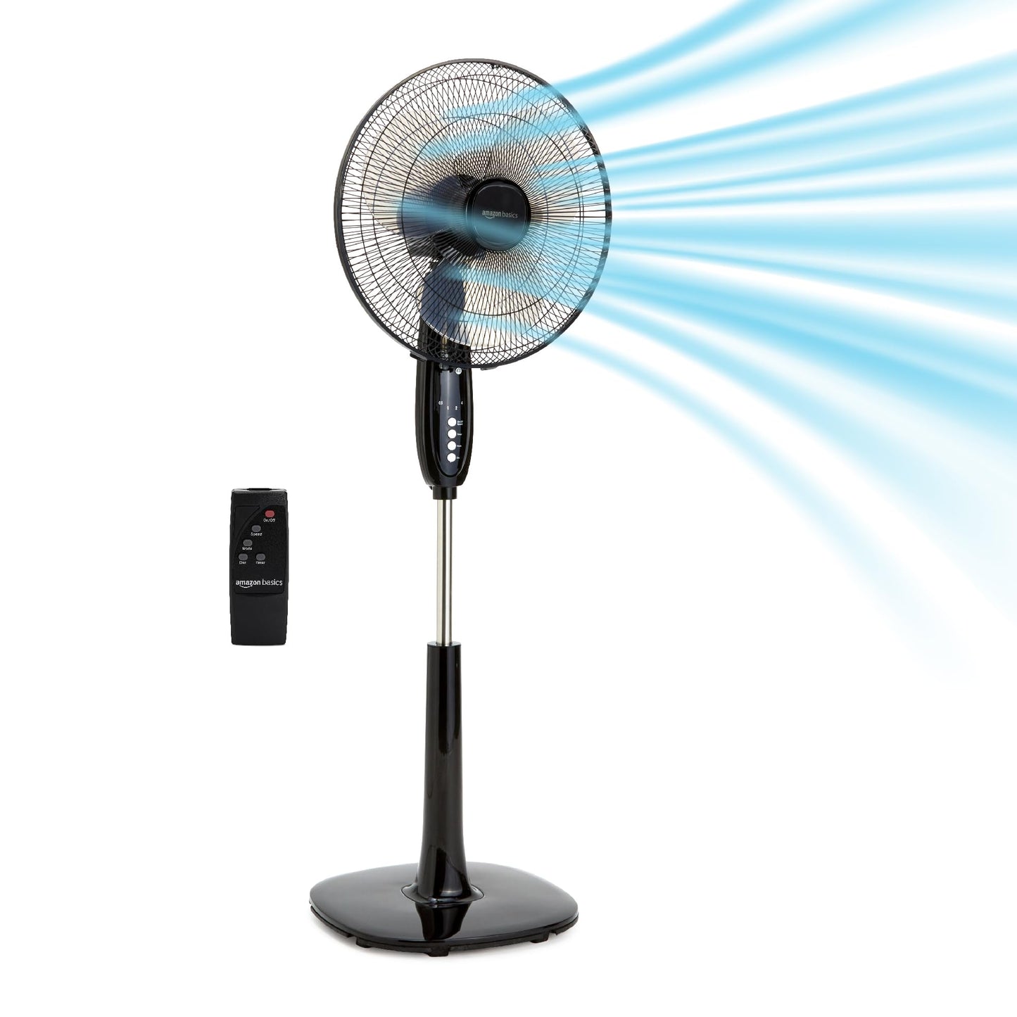 Amazon Basics 16" Pedestal Fan with Remote, Floor Fan, Standing Fan for Bedroom, Living Room, Office, with 3 Speeds, 3 Modes, Timer, Dual-Layered Blades, Adjustable Height, Tilt Head