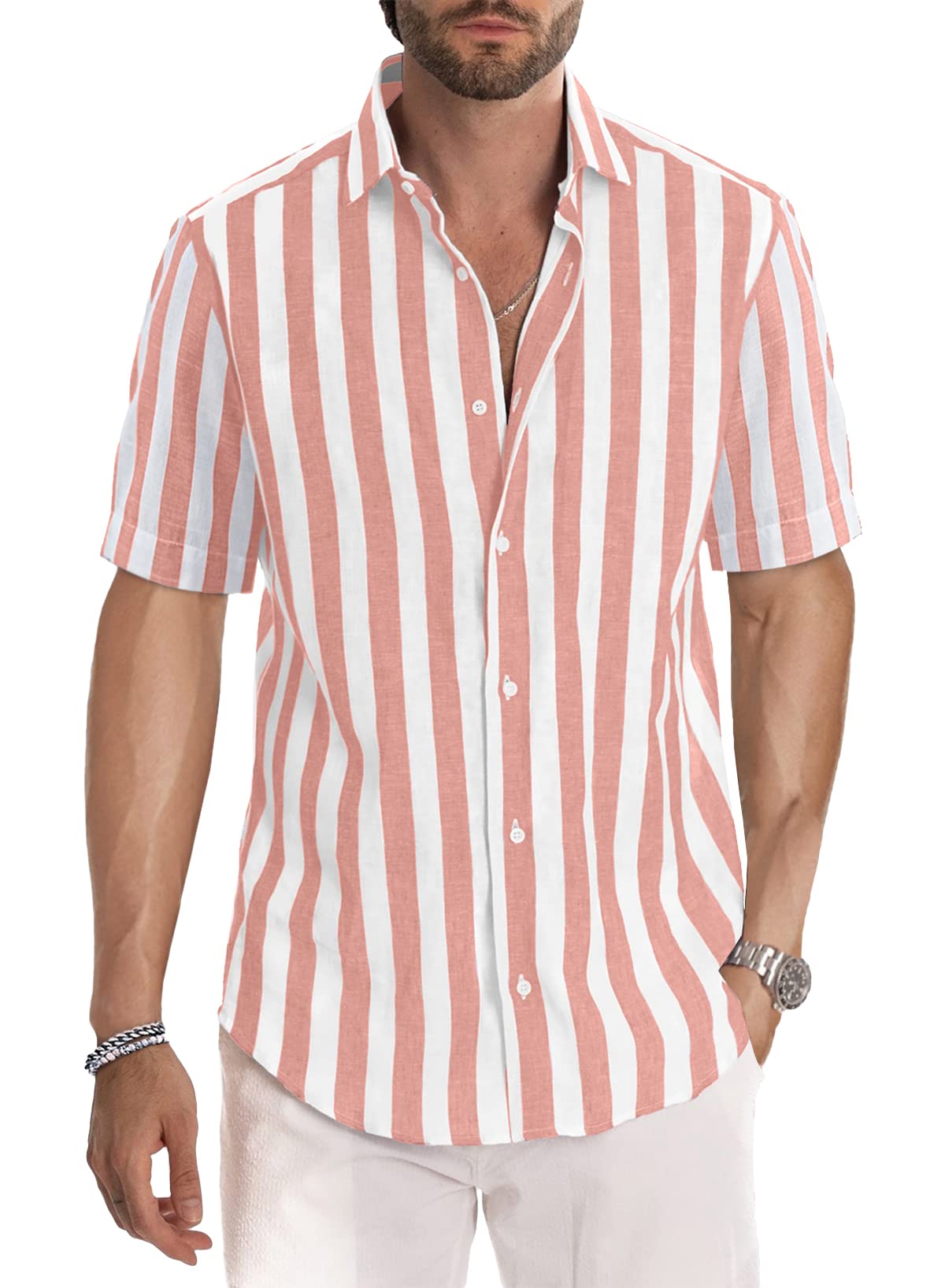 JMIERR Men's Casual Stylish Short Sleeve Button-Up Striped Dress Shirt Cotton Beach Shirts