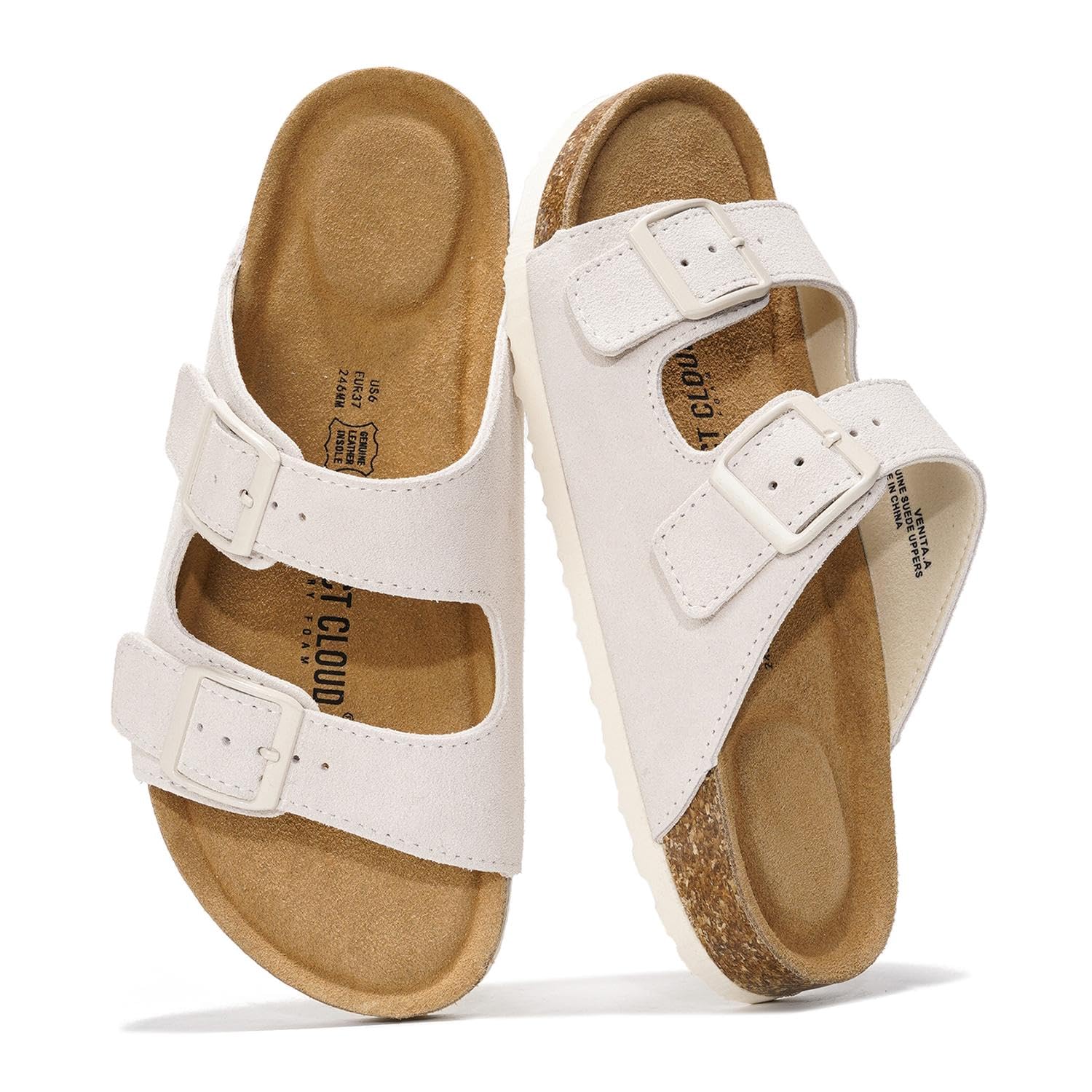Project Cloud 100% Genuine Leather Flat Sandals For Women 2026 Cork Footbed Womens Sandals with Memory Foam and arch support Vacation Essentials Slides for Women Footwear (Venita)