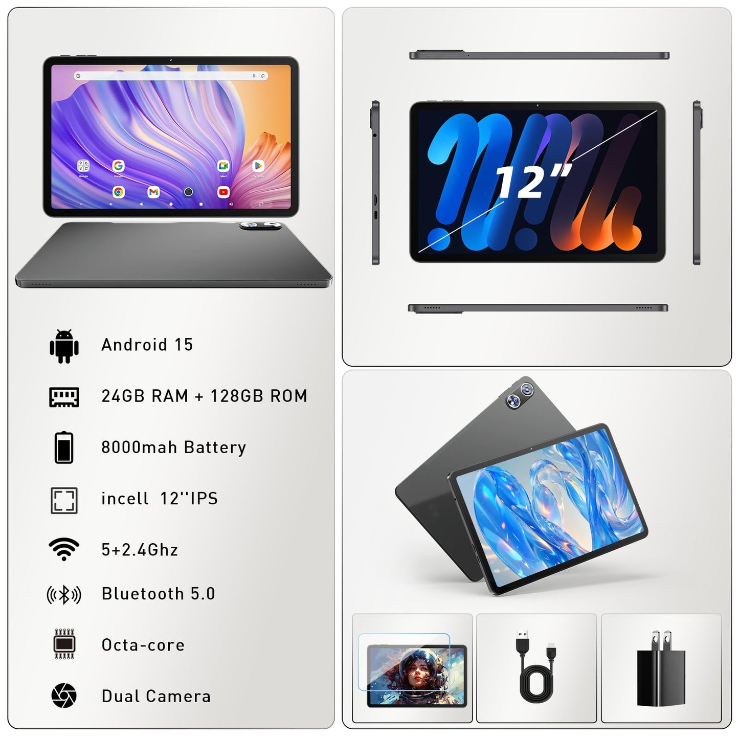 Aobante Android 16 Tablet 12 Inch, 24GB RAM 128GB ROM (Expandable 1TB), 2000×1200 IPS Full HD Display, 8000mAh Long Battery, 12+ inch, 8MP+16MP Dual Camera, Widevine L1, GMS, 11.97 inch Gaming Tablet