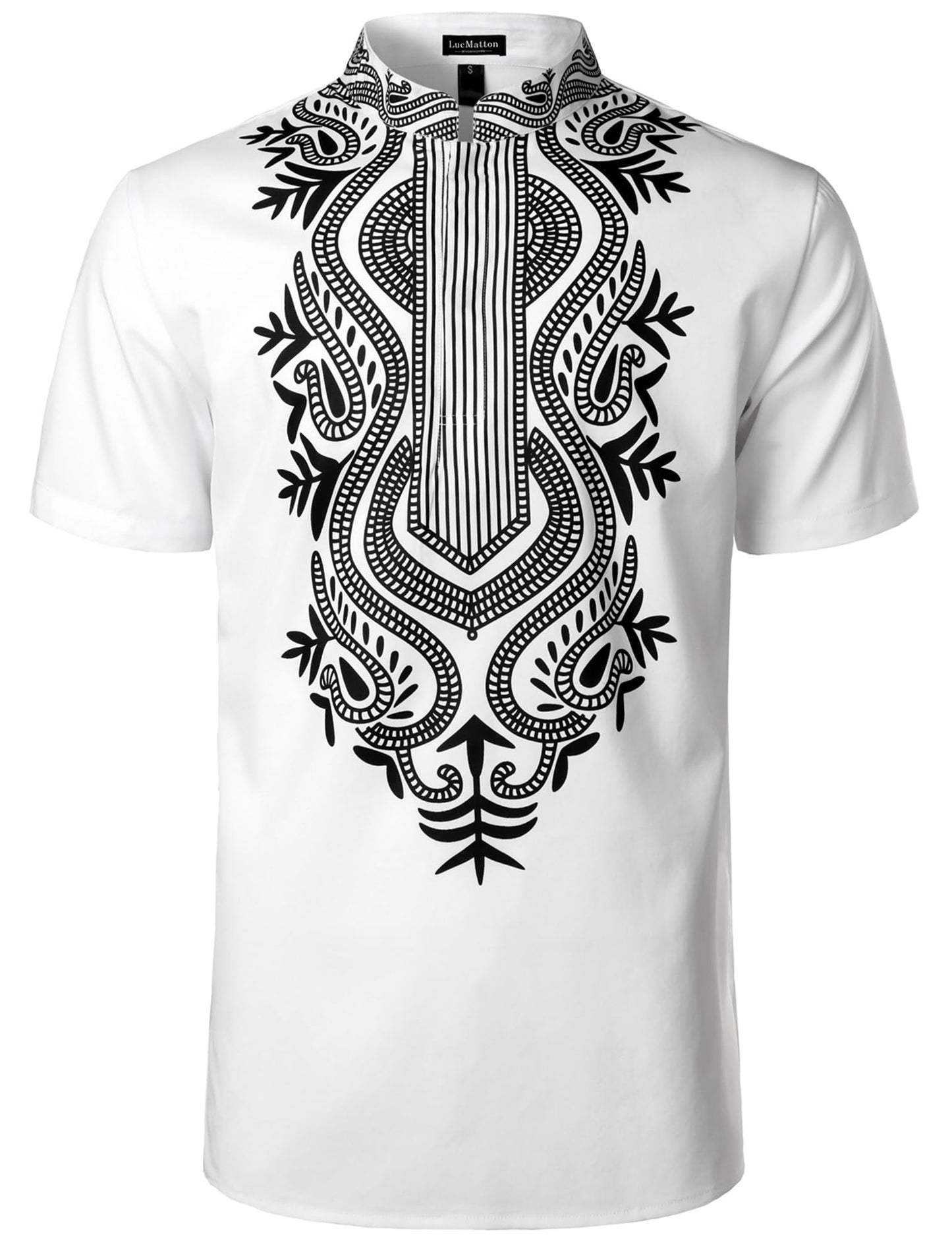 LucMatton Men's African Short Sleeve Hidden Button Shirt Metallic Foil Stamping Dashiki T Shirt