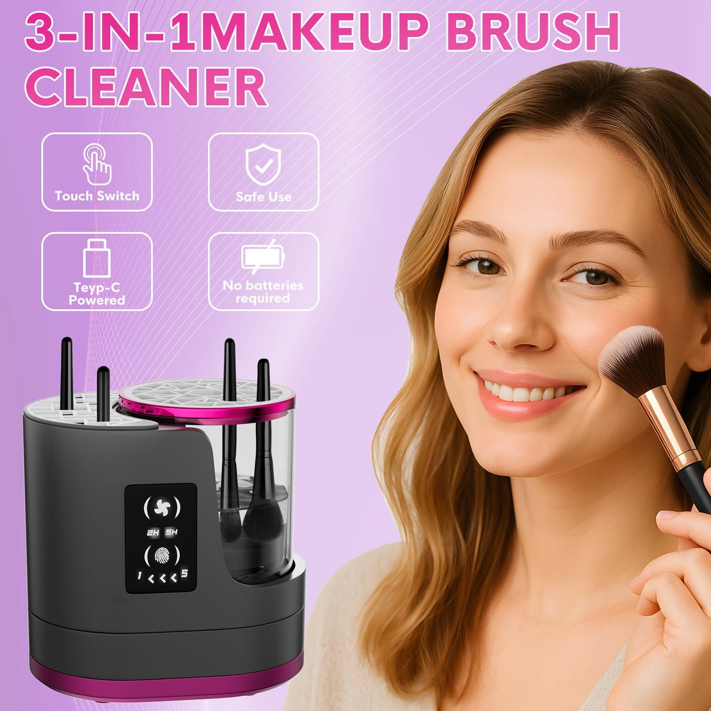 3 IN 1 Electric Makeup Brush Cleaner,Automatic Makeup Brush Cleaner with Makeup Brush Dryer,Portable USB Deep Cleaning for All Size Beauty Makeup Brush Set,Blush Brush,Sponges