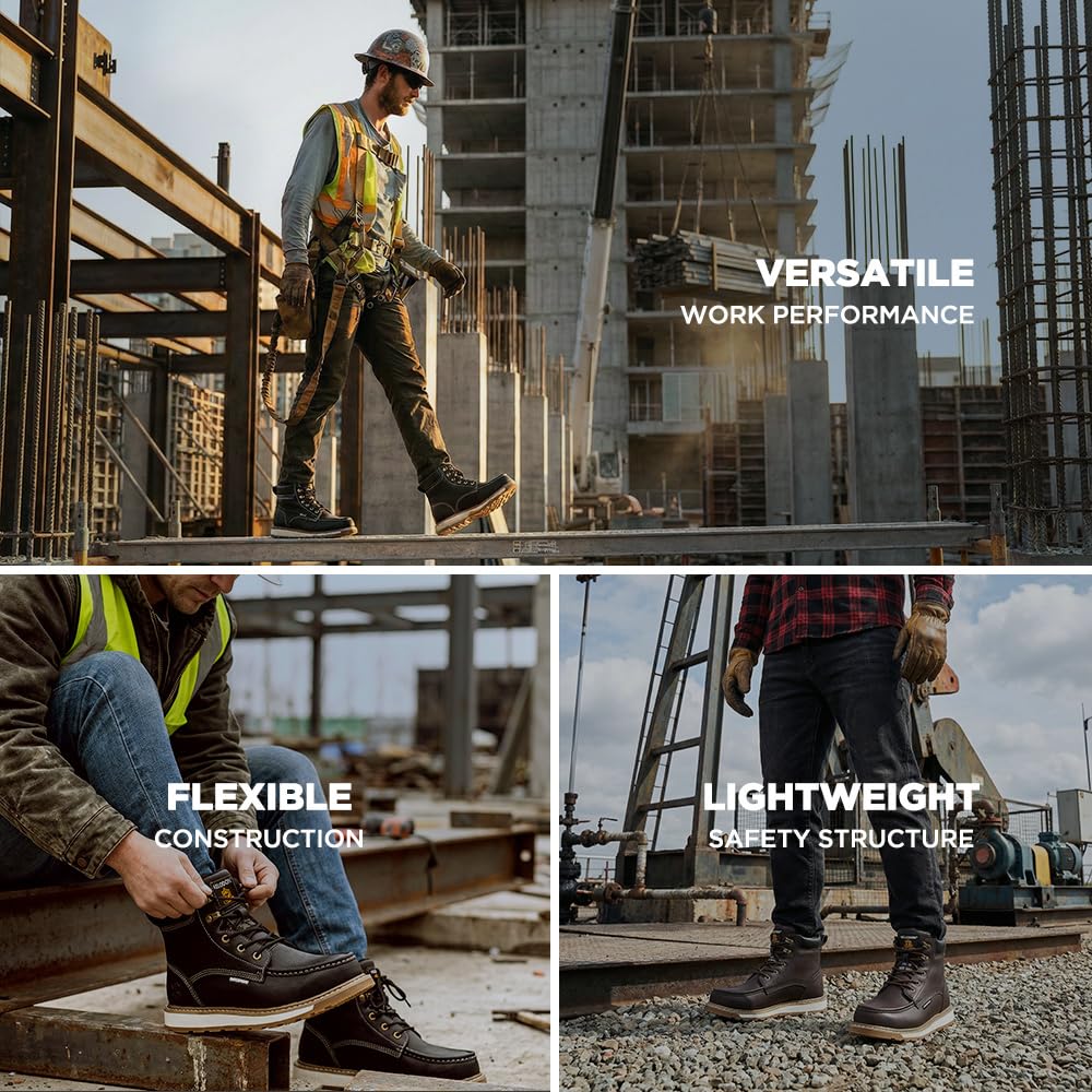 KELODON Waterproof Steel Toe Boots For Men-6" Leather Moc Toe Work Boots Mens Steel Toe Shoes Indestructible Non Slip Resistant Construction Safety Boot
