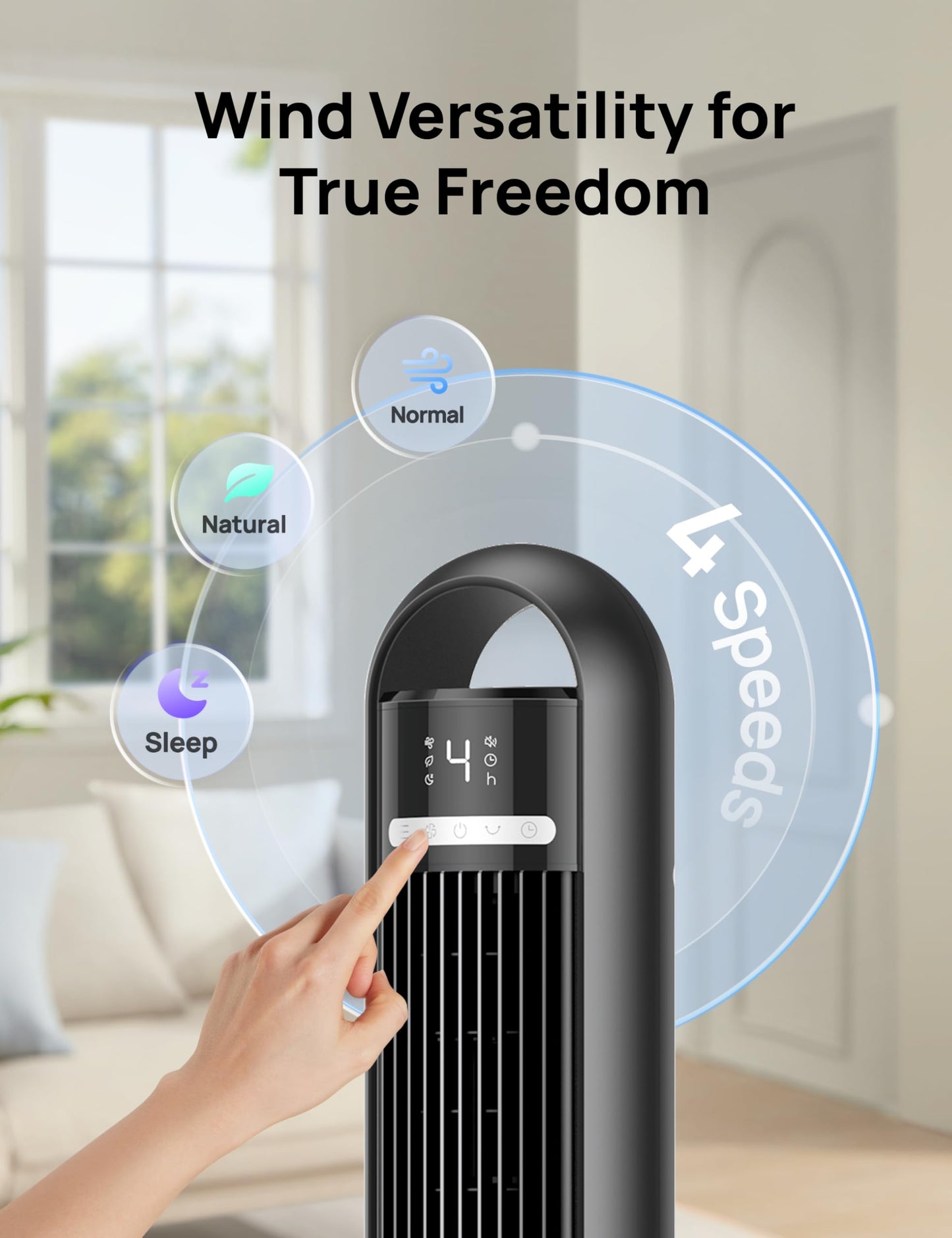DREO Tower Fan for Bedroom, 90° Oscillating Standing Fans for Room with 4 Speeds, 3 Modes, 28dB Quiet for Sleep, 25ft/s Velocity, 8H Timer, Remote, Living Room, Office, Home, TF117