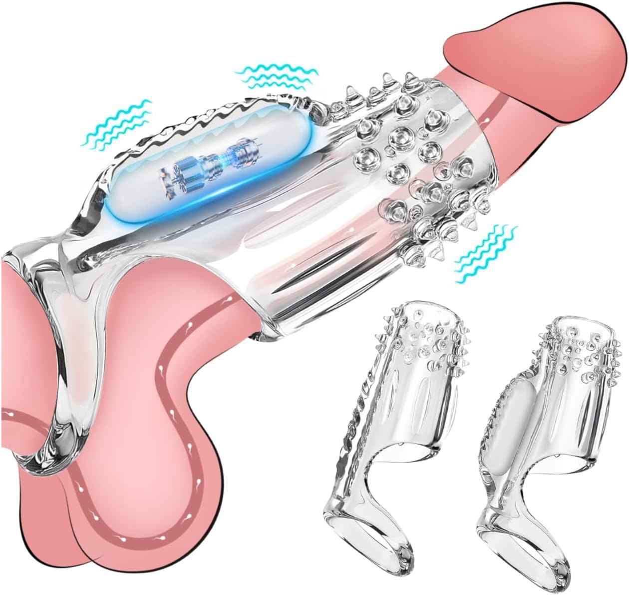 Vibrating Penis Sleeve Cock Ring, 2 PCS Reusable Cock Sleeves for Couples Vibrator, Delay Ejaculation Stronger Erection, Silicone Penis Pump Enlarge Sleeves Girth Adult Sex Toys for Men (Transparent)