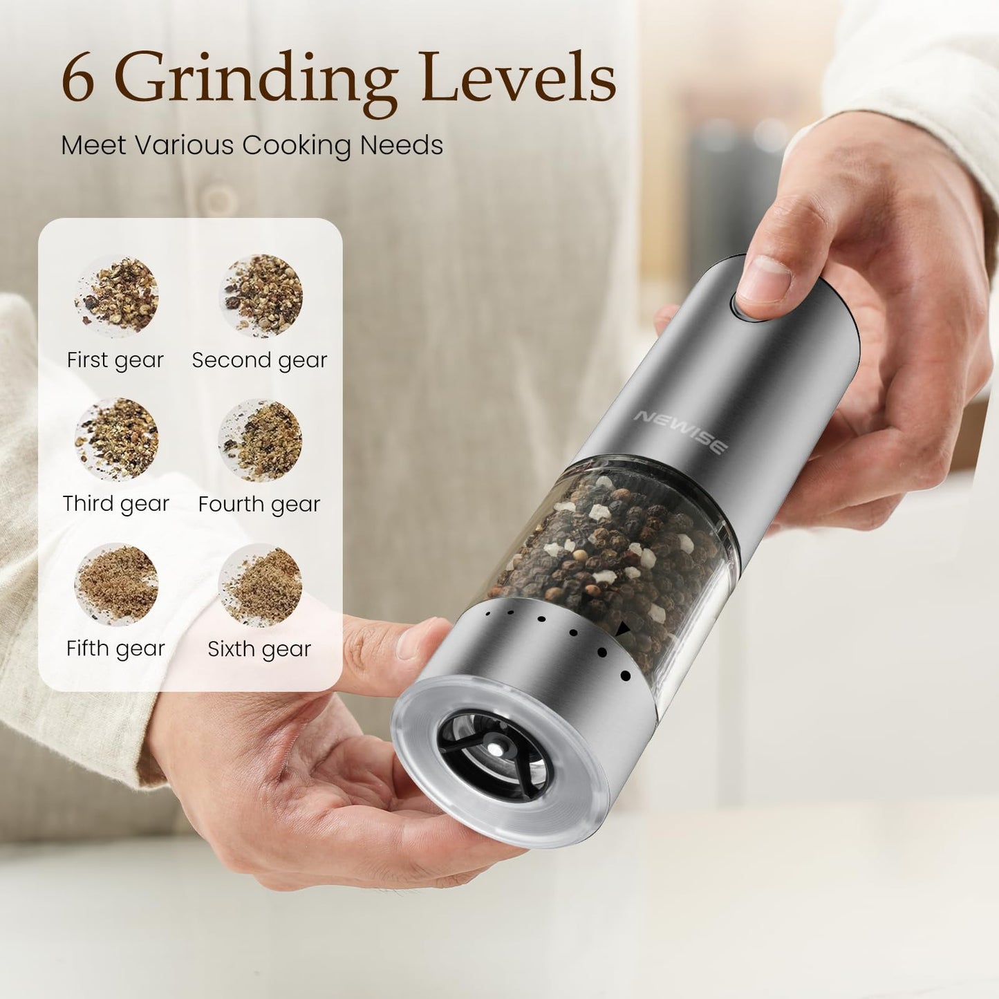 Newise Electric Salt and Pepper Grinder Set, Rechargeable Salt and Pepper Shakers with Wood Base, Adjustable Coarseness, Large Capacity, Stainless Steel