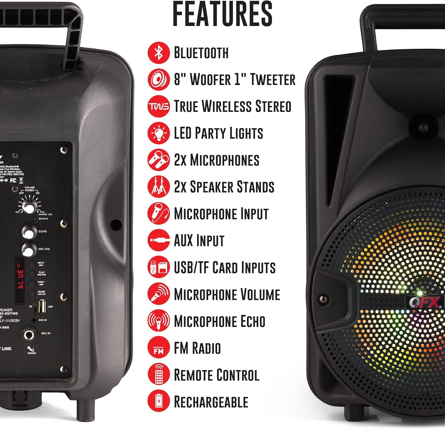 QFX PBX-800TWS 8-Inch TWS Bluetooth Stereo PA System with 2 8" Speakers, 2 Microphones, 2 Stands, and a Remote Control