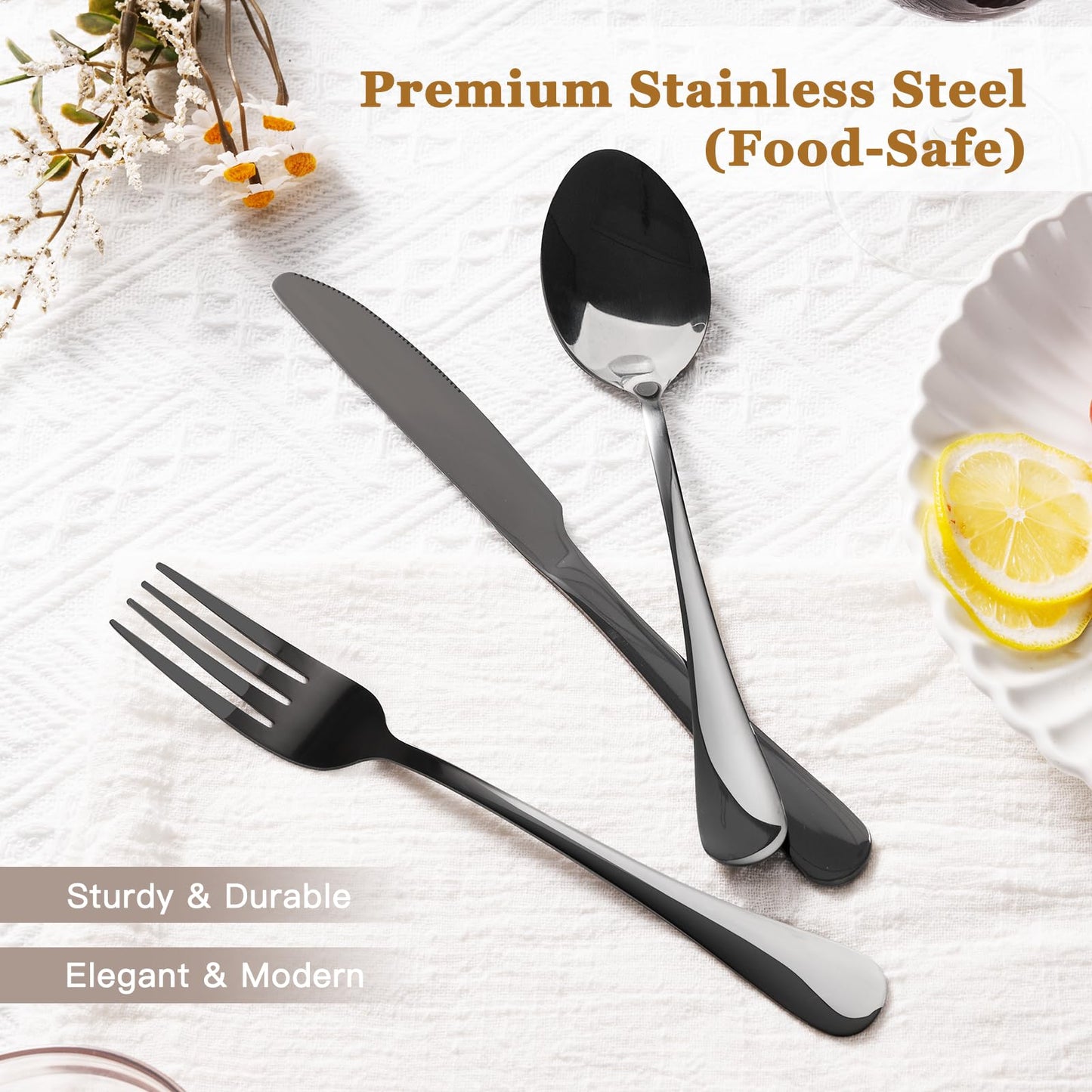 Astercook Black Silverware Set with Steak Knives Flatware Set Food-Grade Stainless Steel Cutlery Set Mirror Polished Utensils Set Include Spoons and Forks for Home Kitchen Restaurant