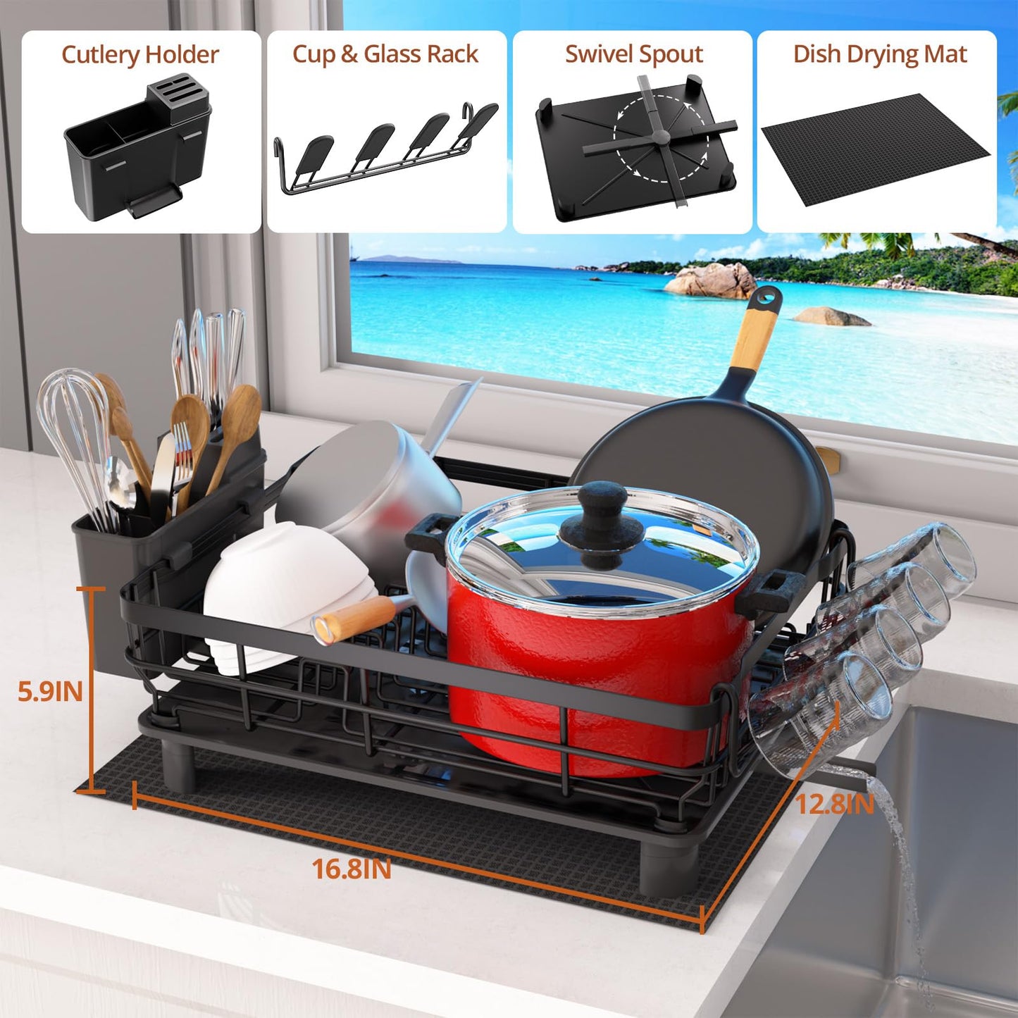 Godboat Dish Drying Rack, Dish Rack with Auto-Drain & Mat，2-Tier and 1-Tier, Black