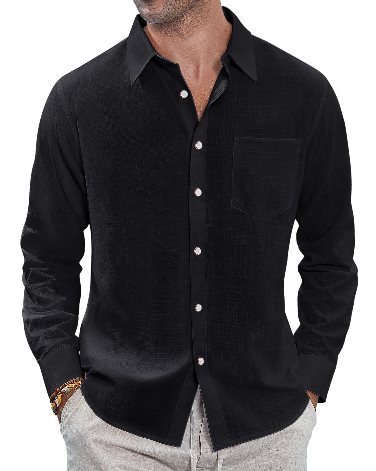 J.VER Men's Linen Shirts Casual Button Down Long Sleeve Shirt Solid Spread Collar Summer Beach Shirts with Pocket
