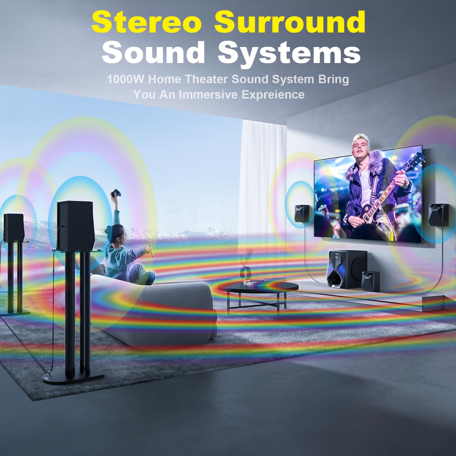 Bobtot Home Theater System, 1000 Watts Peak Power Surround Sound Systems 5 Wired Satellite Audio Speakers 8" Subwoofer 5.1/2.1 Channel Deep Bass with ARC Optical Bluetooth AUX Input